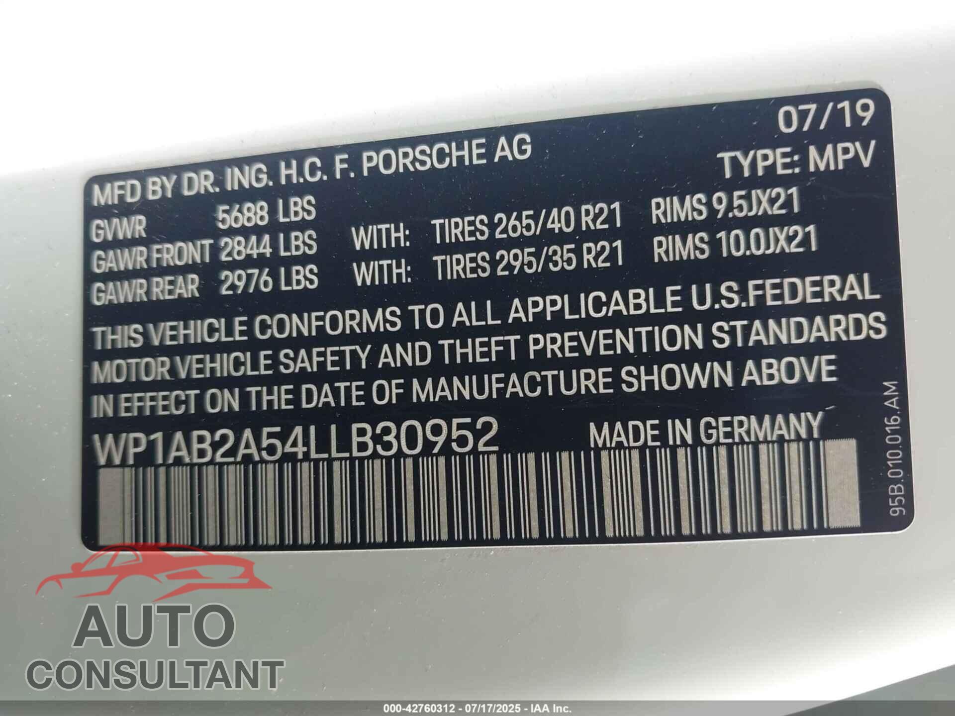 PORSCHE MACAN 2020 - WP1AB2A54LLB30952