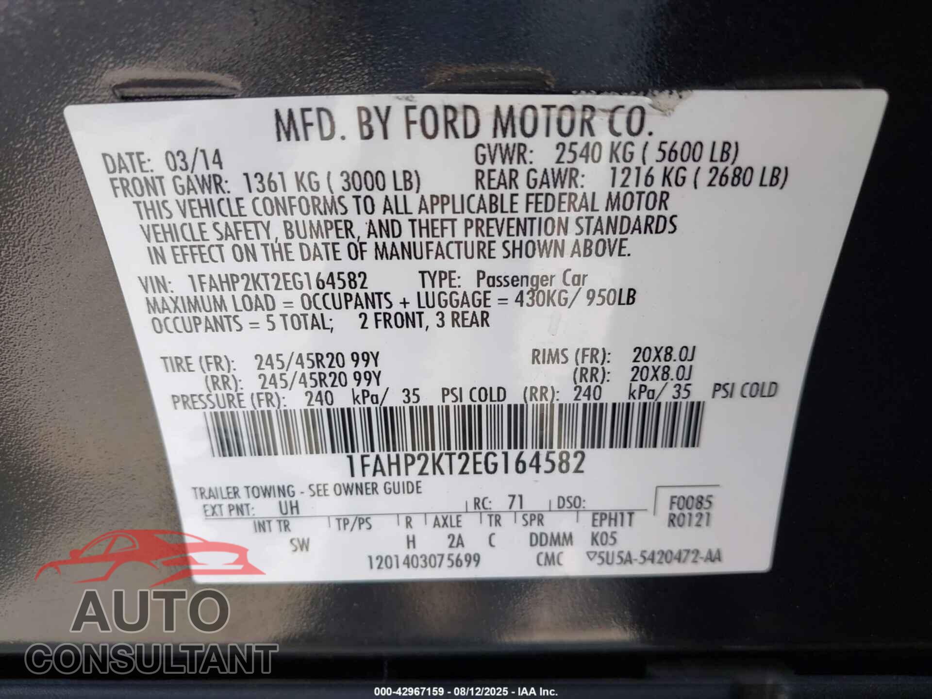 FORD TAURUS 2014 - 1FAHP2KT2EG164582