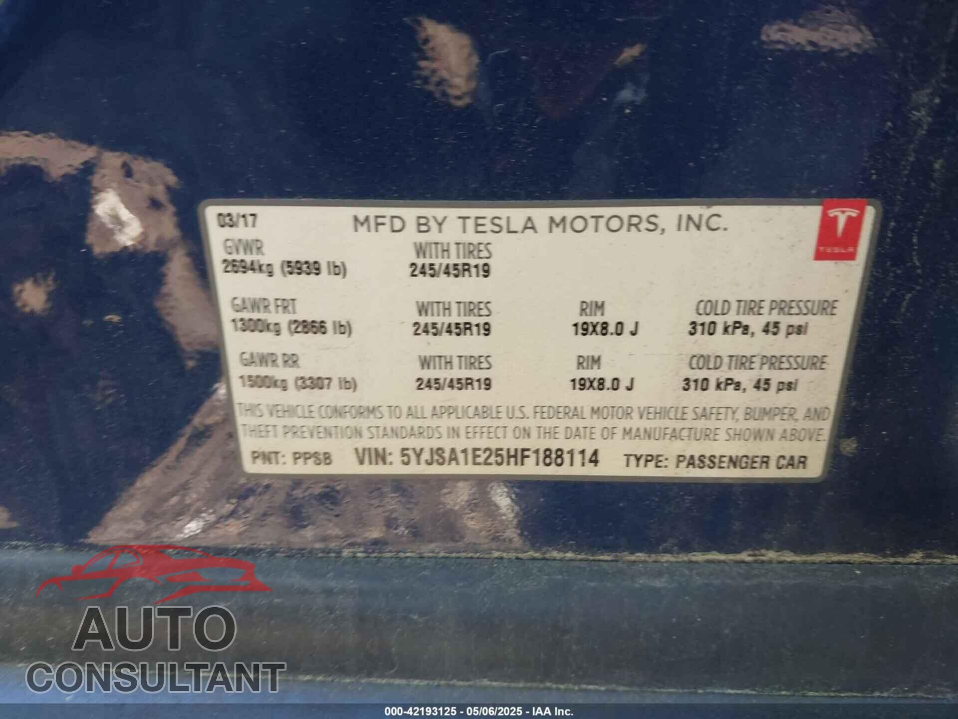 TESLA MODEL S 2017 - 5YJSA1E25HF188114