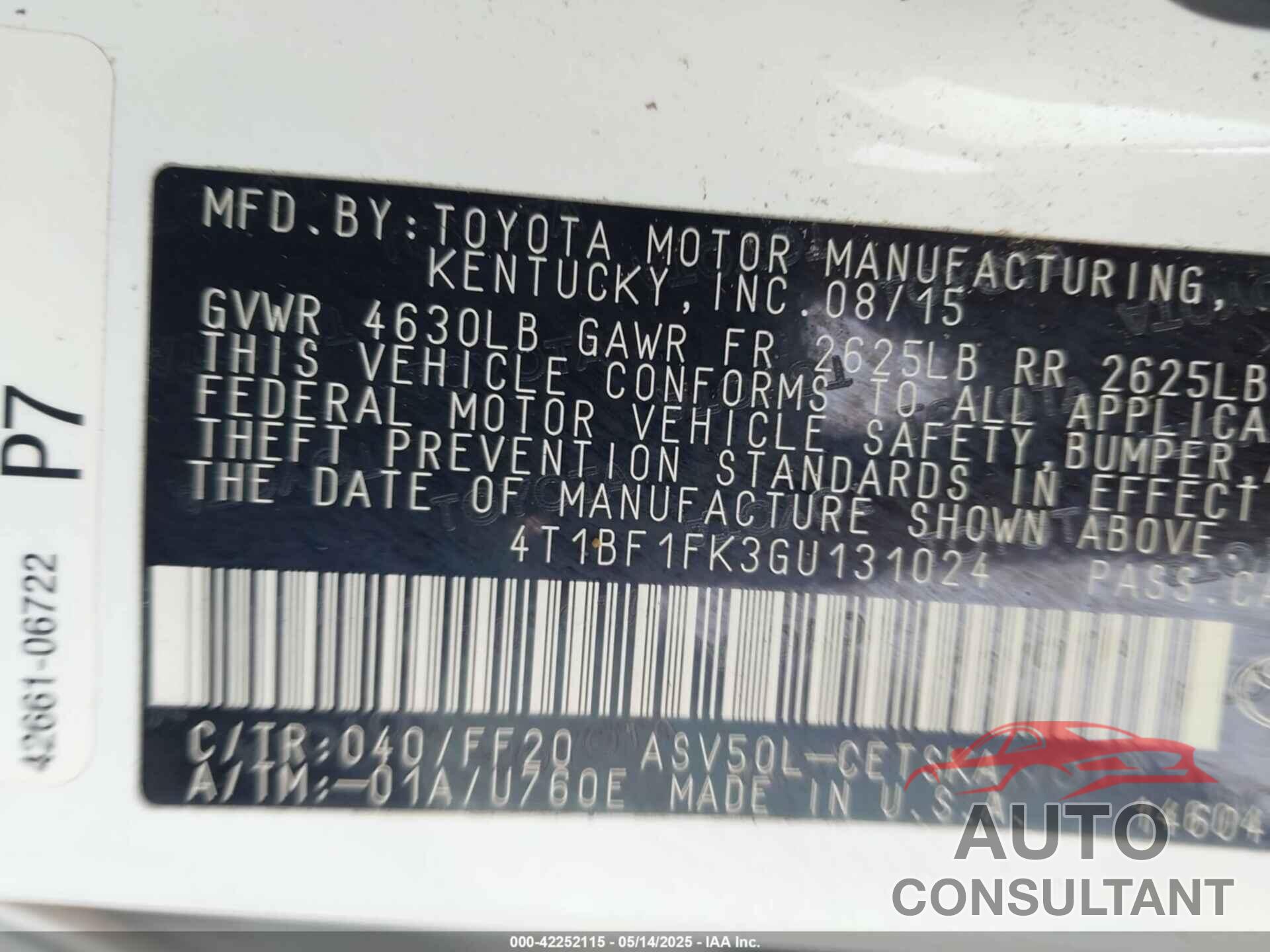 TOYOTA CAMRY 2016 - 4T1BF1FK3GU131024