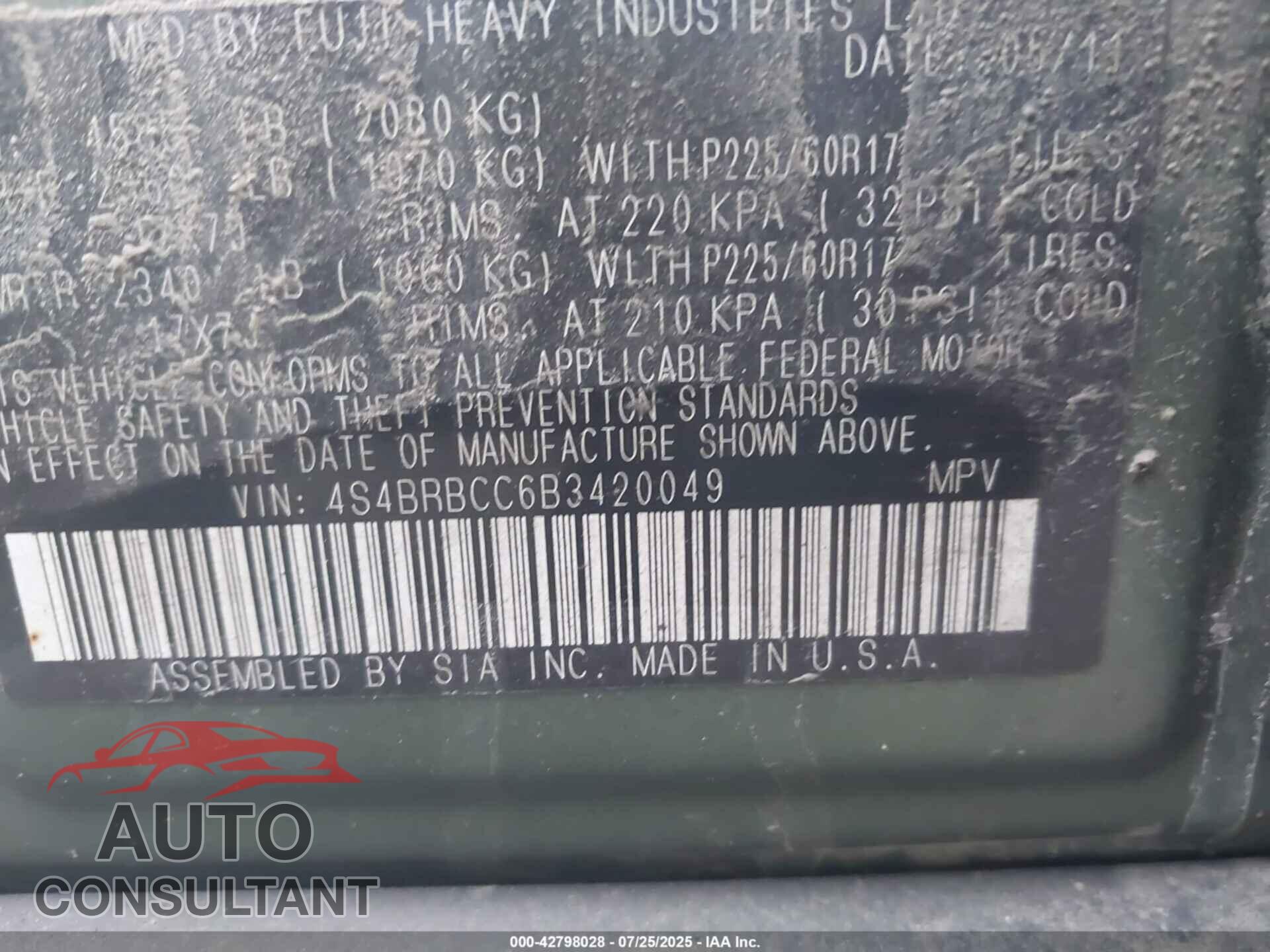 SUBARU OUTBACK 2011 - 4S4BRBCC6B3420049