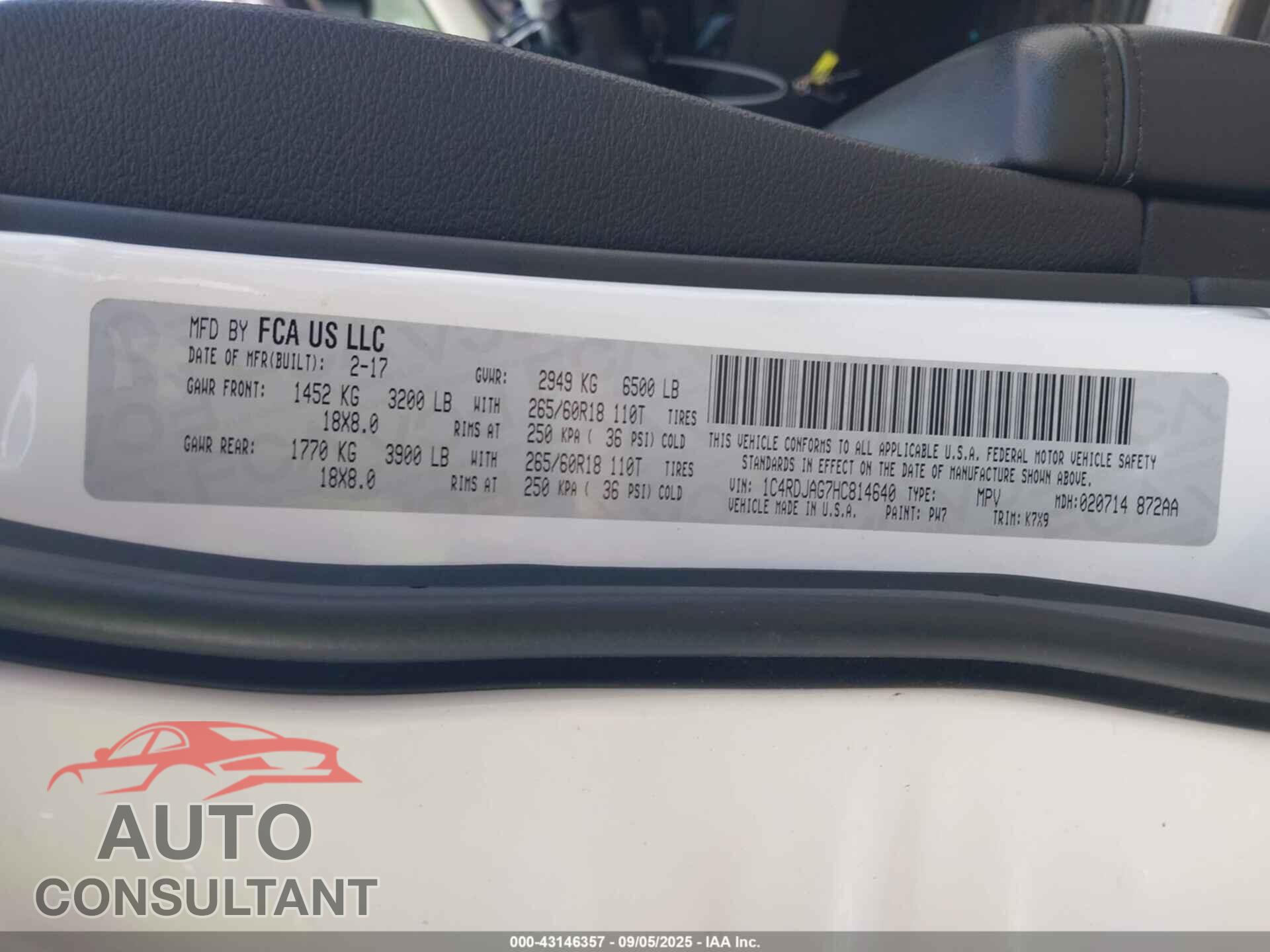 DODGE DURANGO 2017 - 1C4RDJAG7HC814640