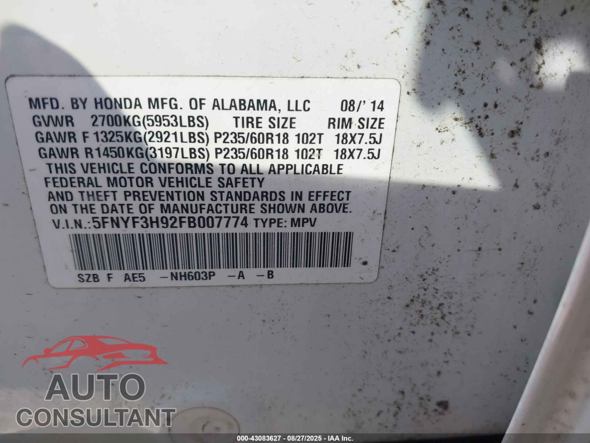 HONDA PILOT 2015 - 5FNYF3H92FB007774