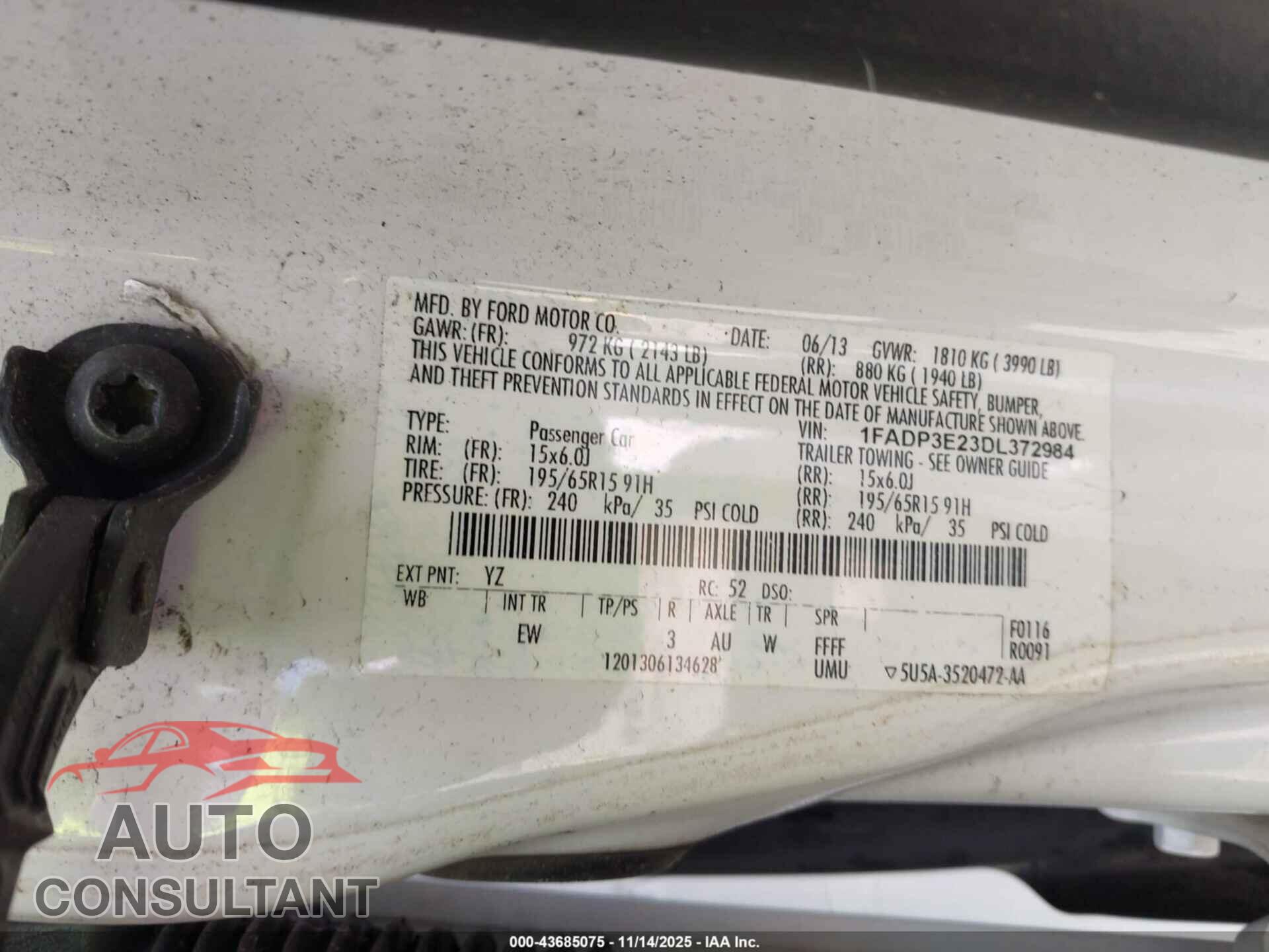 FORD FOCUS 2013 - 1FADP3E23DL372984