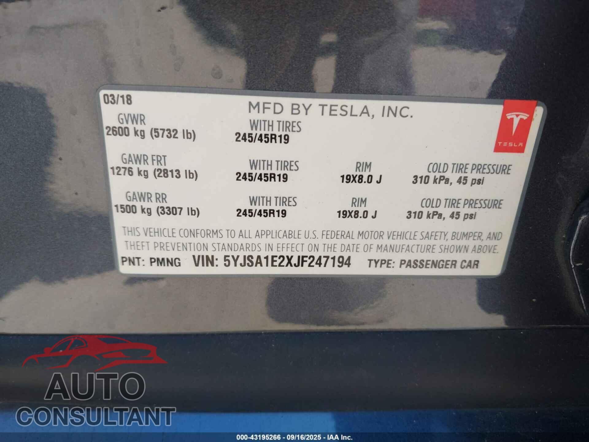 TESLA MODEL S 2018 - 5YJSA1E2XJF247194