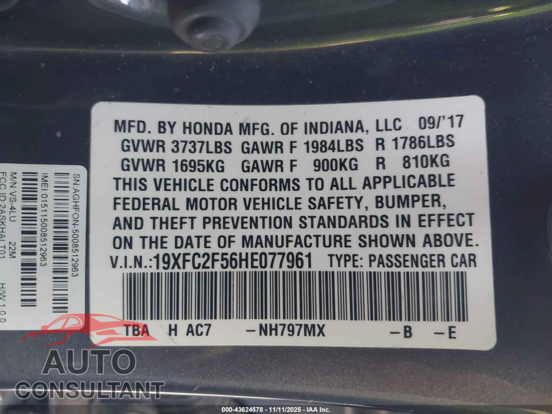 HONDA CIVIC 2017 - 19XFC2F56HE077961
