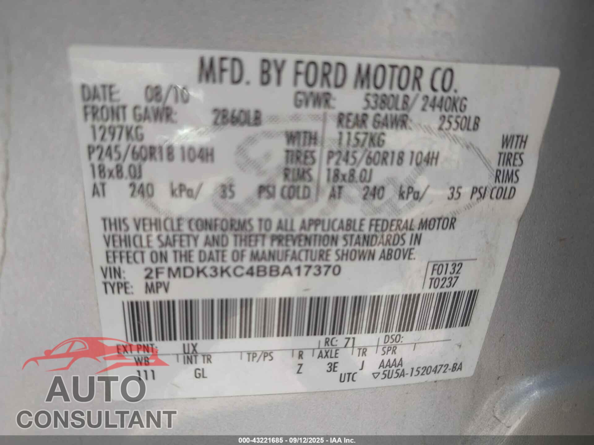 FORD EDGE 2011 - 2FMDK3KC4BBA17370