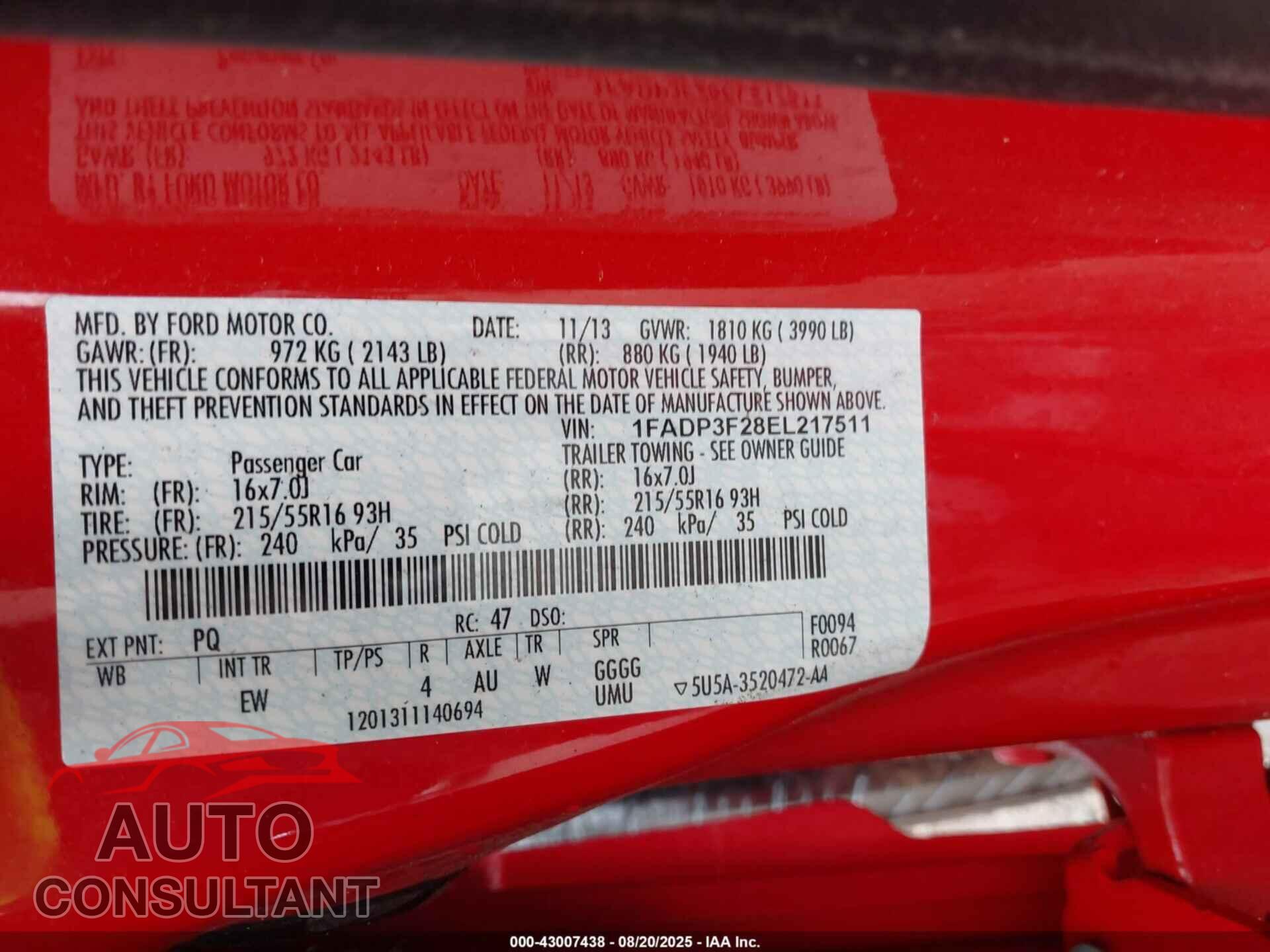 FORD FOCUS 2014 - 1FADP3F28EL217511