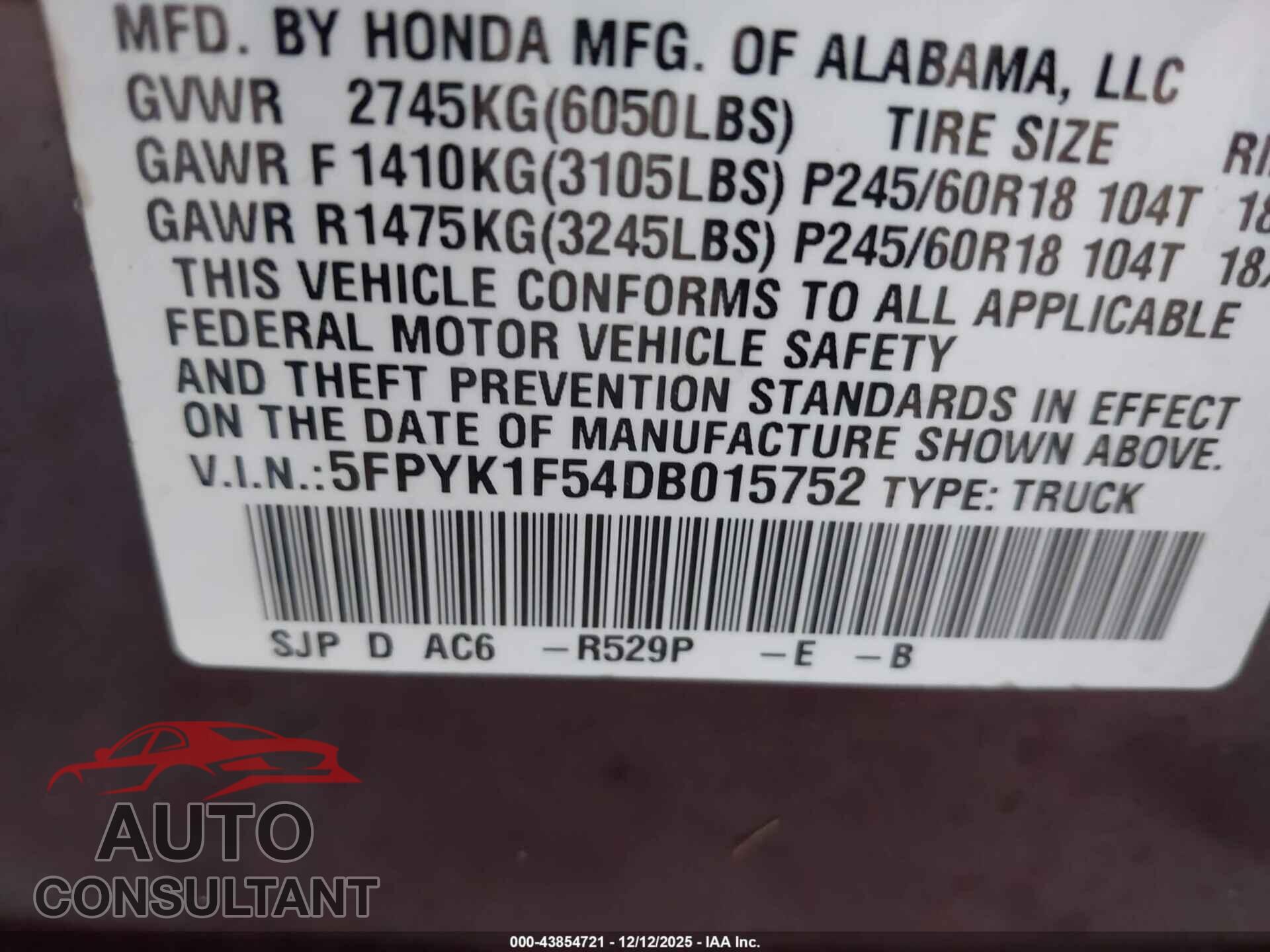 HONDA RIDGELINE 2013 - 5FPYK1F54DB015752