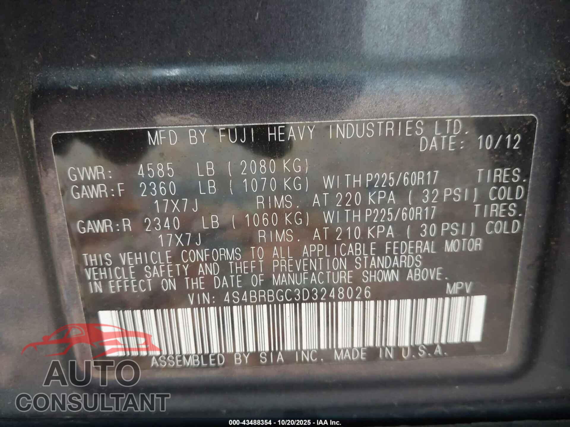 SUBARU OUTBACK 2013 - 4S4BRBGC3D3248026