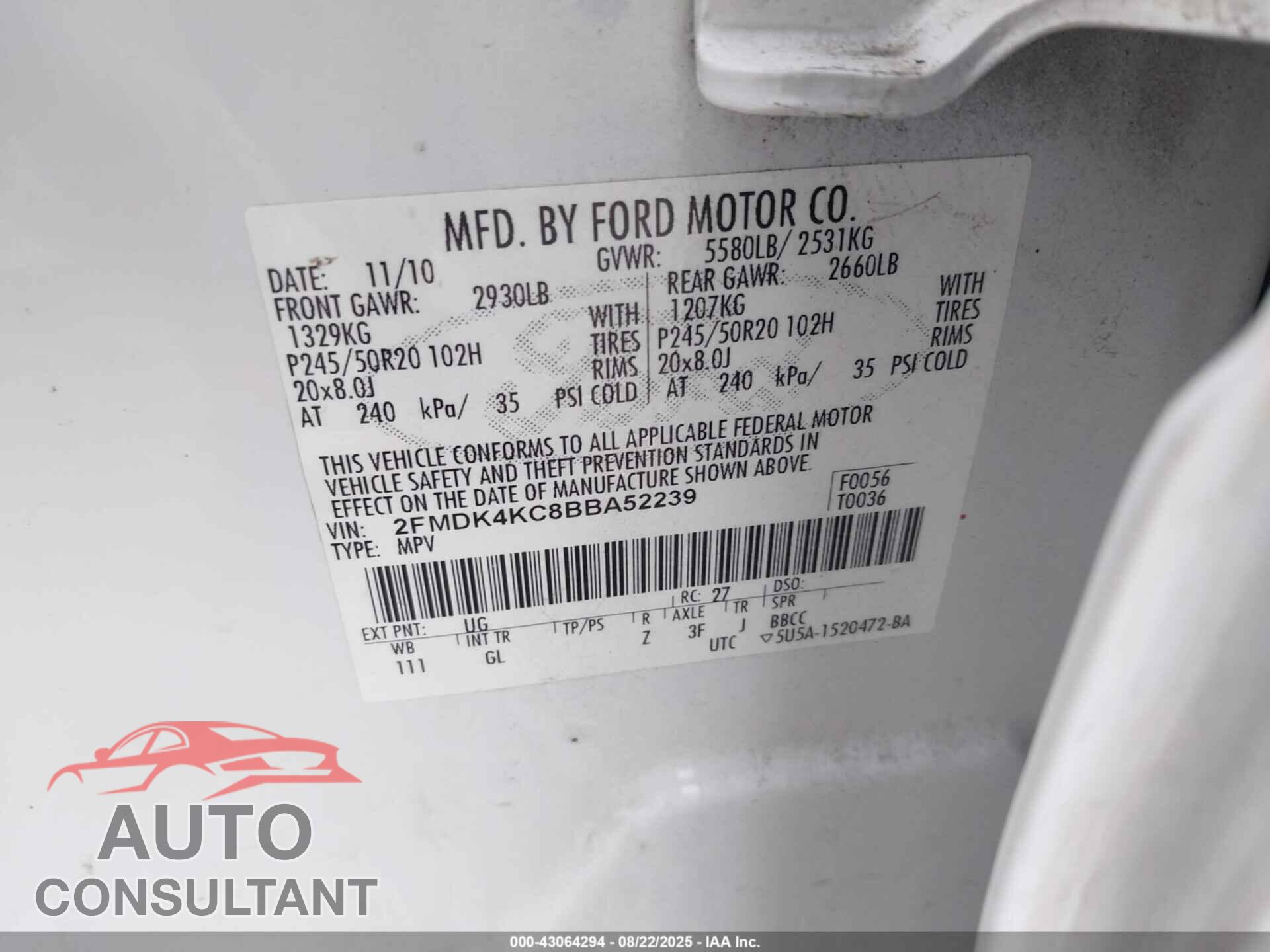 FORD EDGE 2011 - 2FMDK4KC8BBA52239