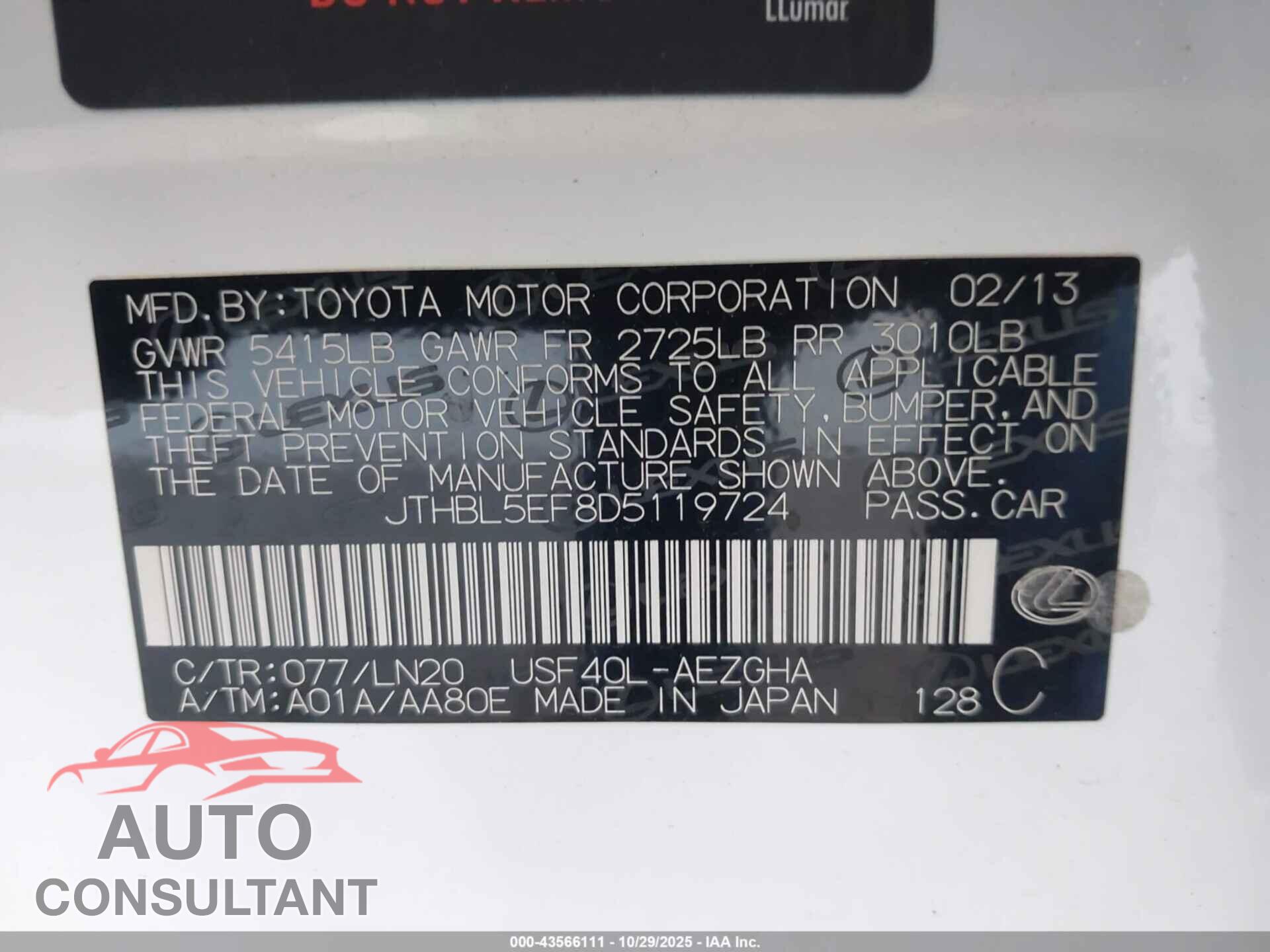 LEXUS LS 460 2013 - JTHBL5EF8D5119724