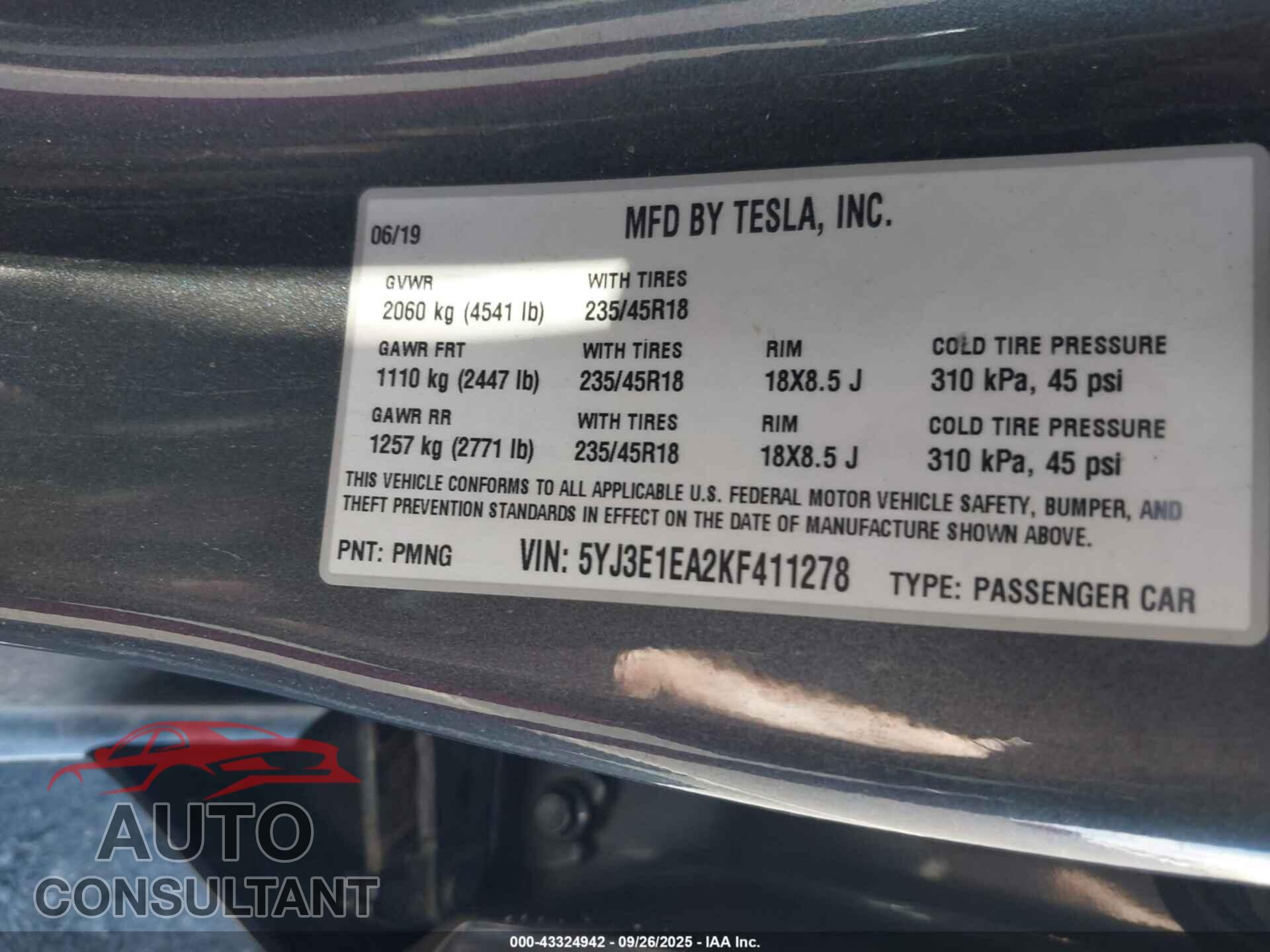TESLA MODEL 3 2019 - 5YJ3E1EA2KF411278