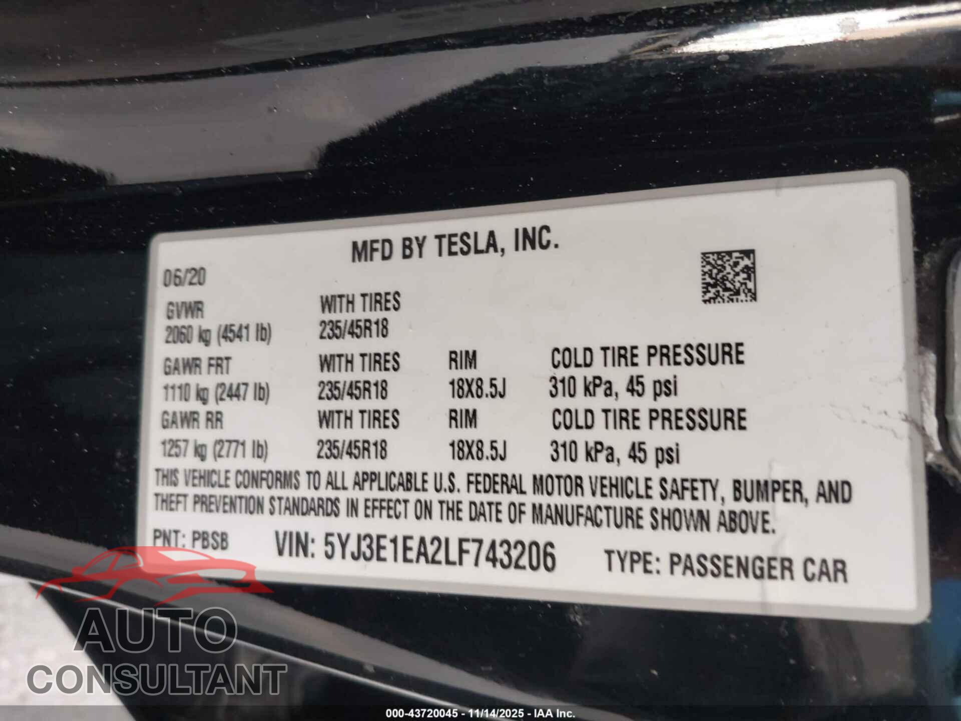 TESLA MODEL 3 2020 - 5YJ3E1EA2LF743206