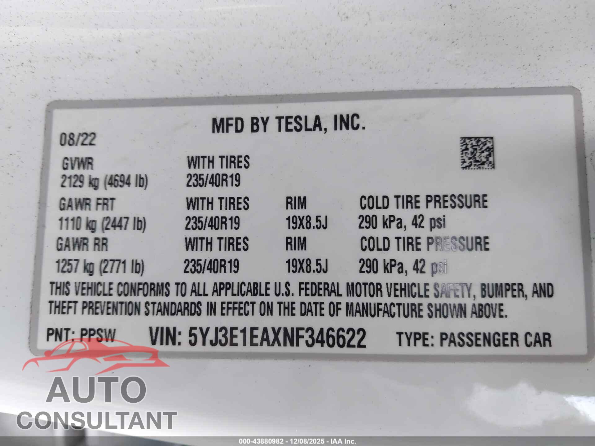 TESLA MODEL 3 2022 - 5YJ3E1EAXNF346622