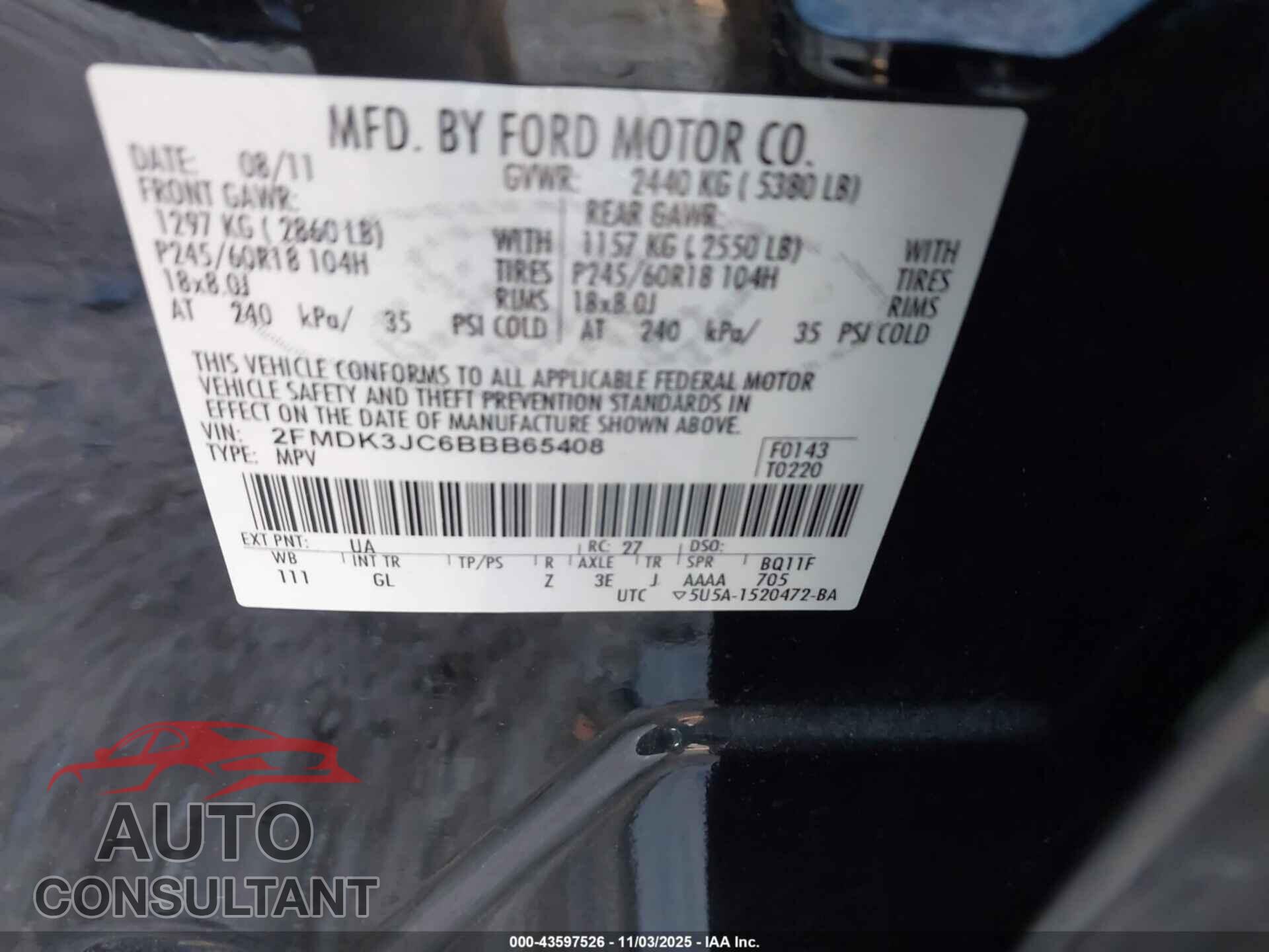 FORD EDGE 2011 - 2FMDK3JC6BBB65408