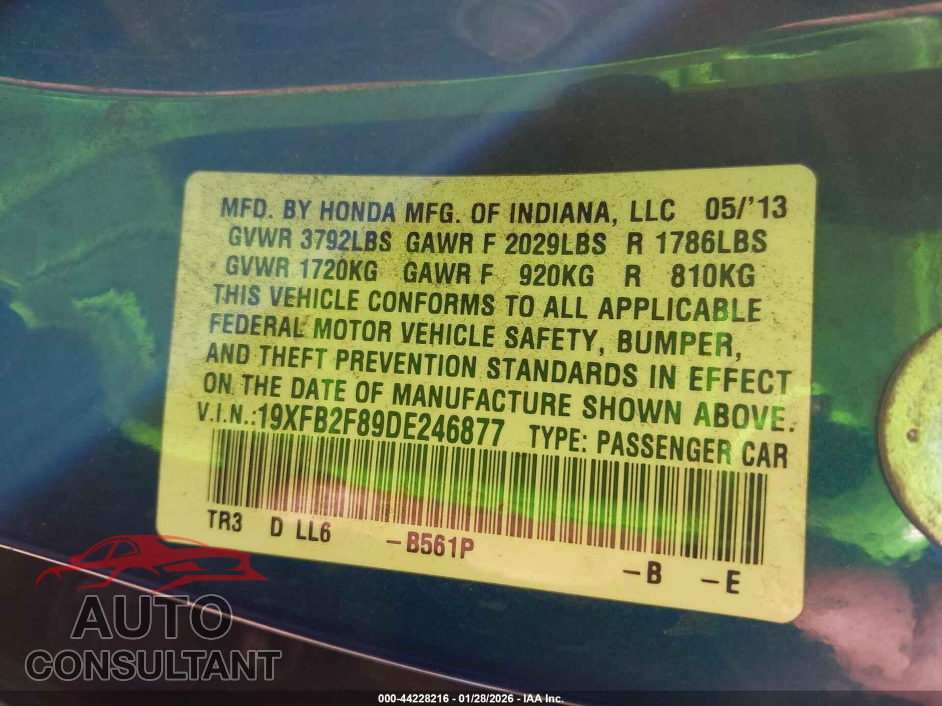 HONDA CIVIC 2013 - 19XFB2F89DE246877