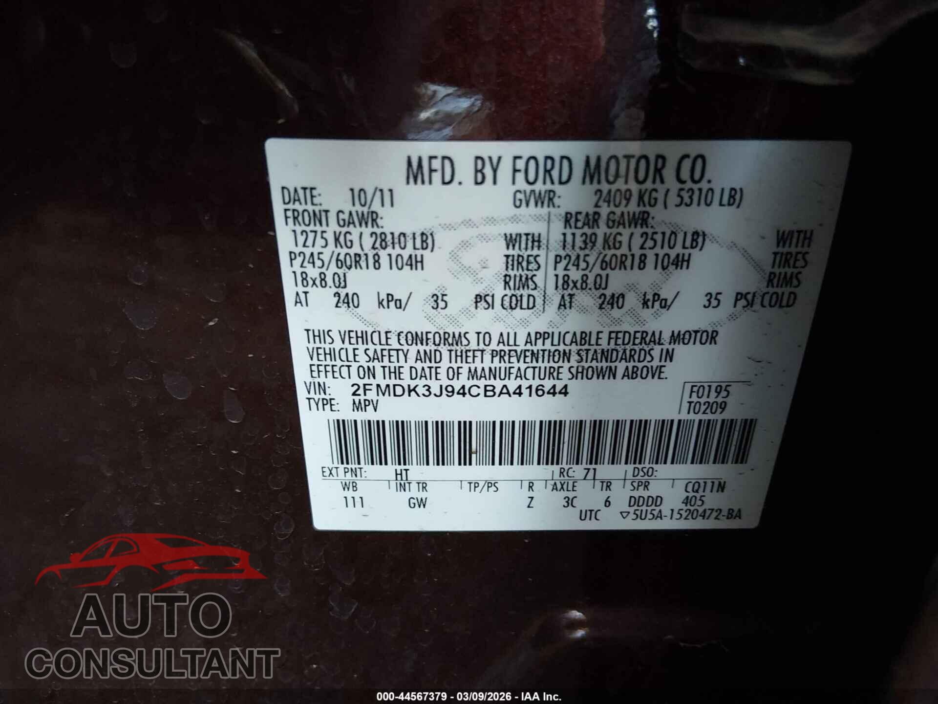 FORD EDGE 2012 - 2FMDK3J94CBA41644