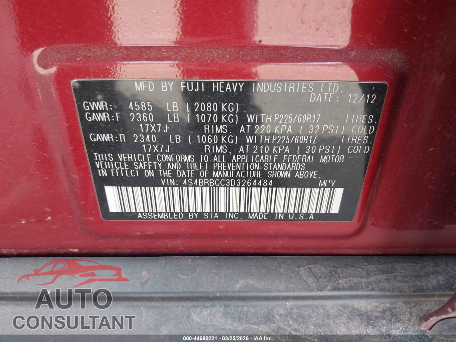 SUBARU OUTBACK 2013 - 4S4BRBGC3D3264484