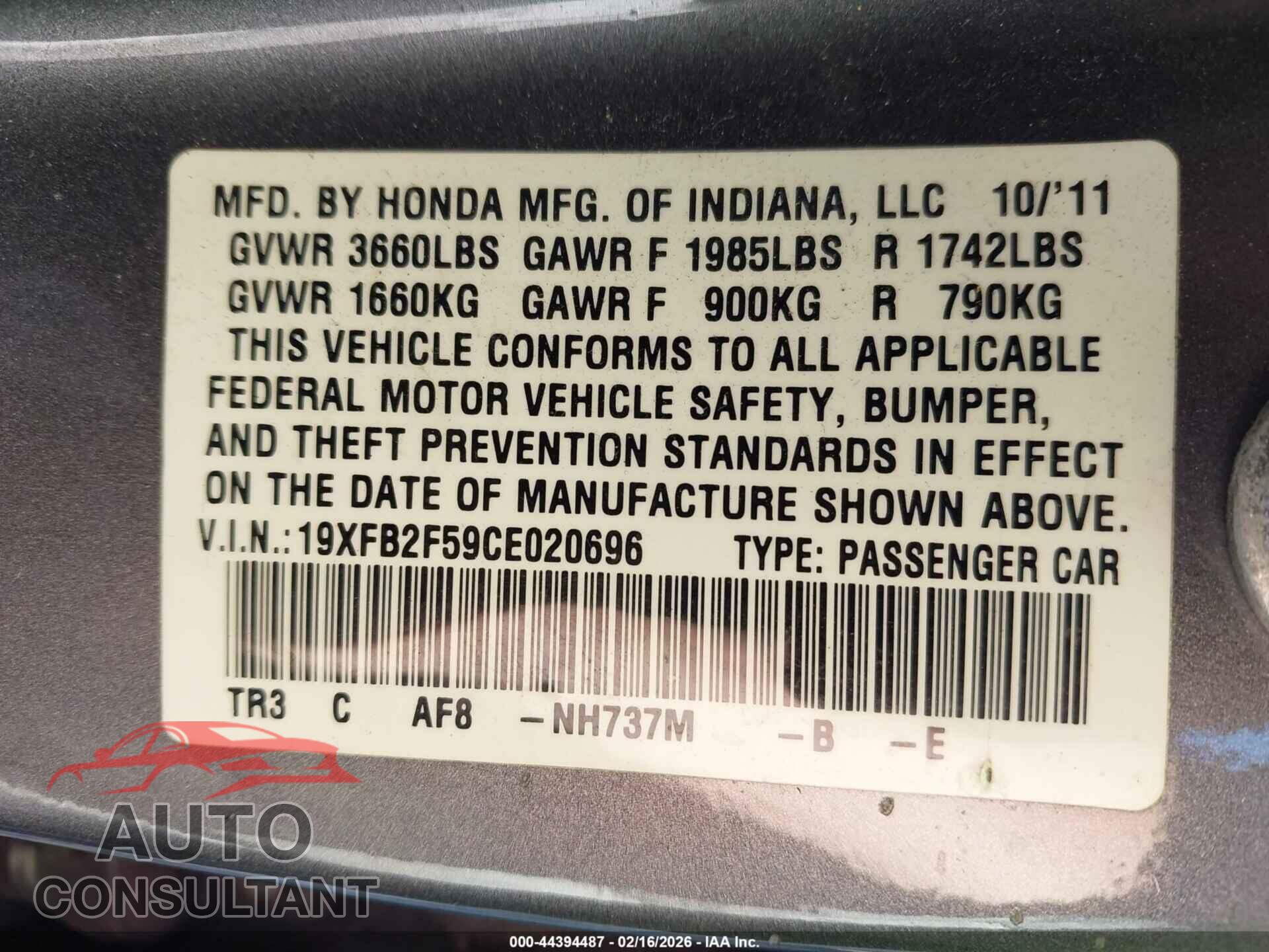 HONDA CIVIC 2012 - 19XFB2F59CE020696