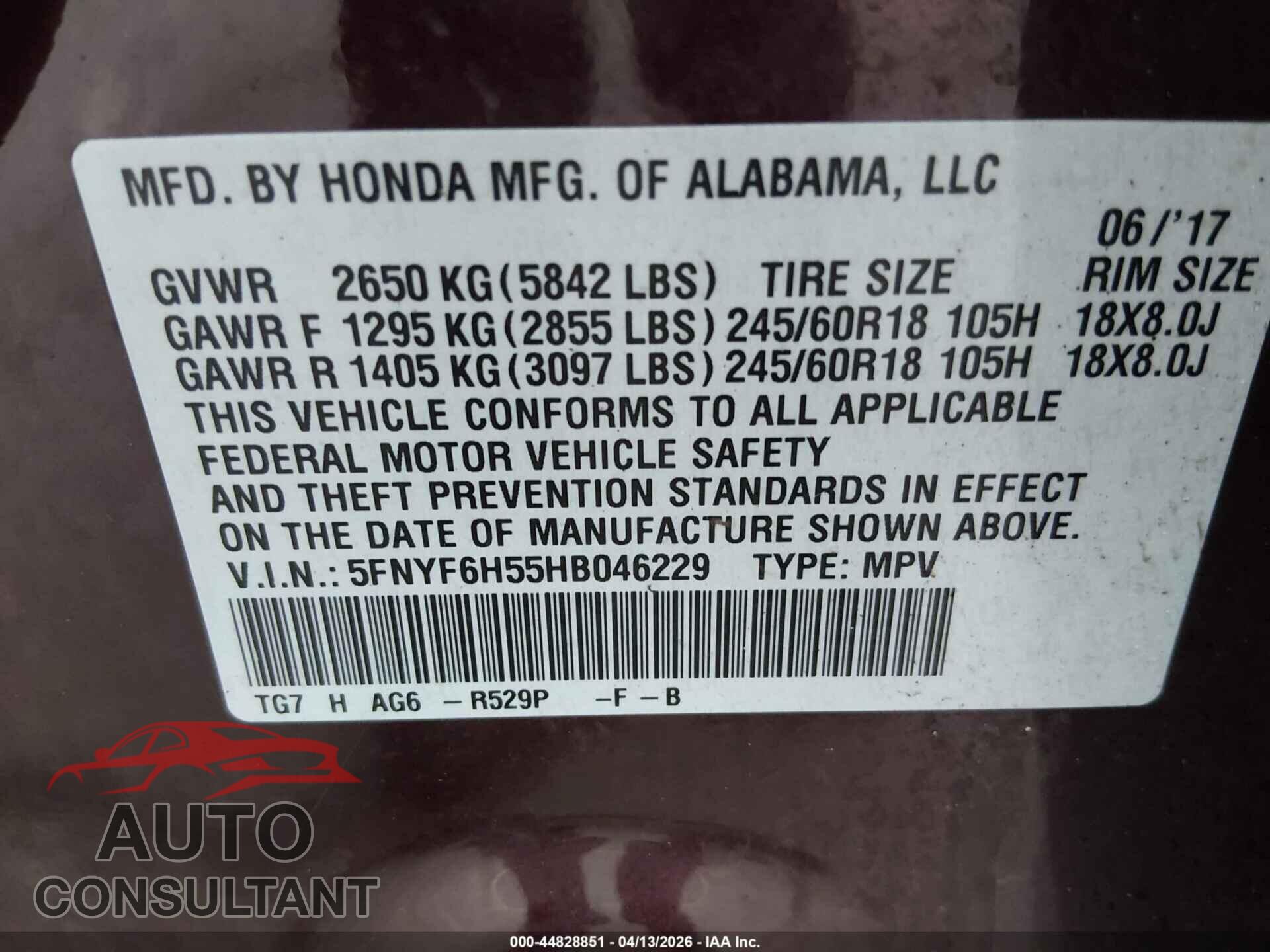 HONDA PILOT 2017 - 5FNYF6H55HB046229
