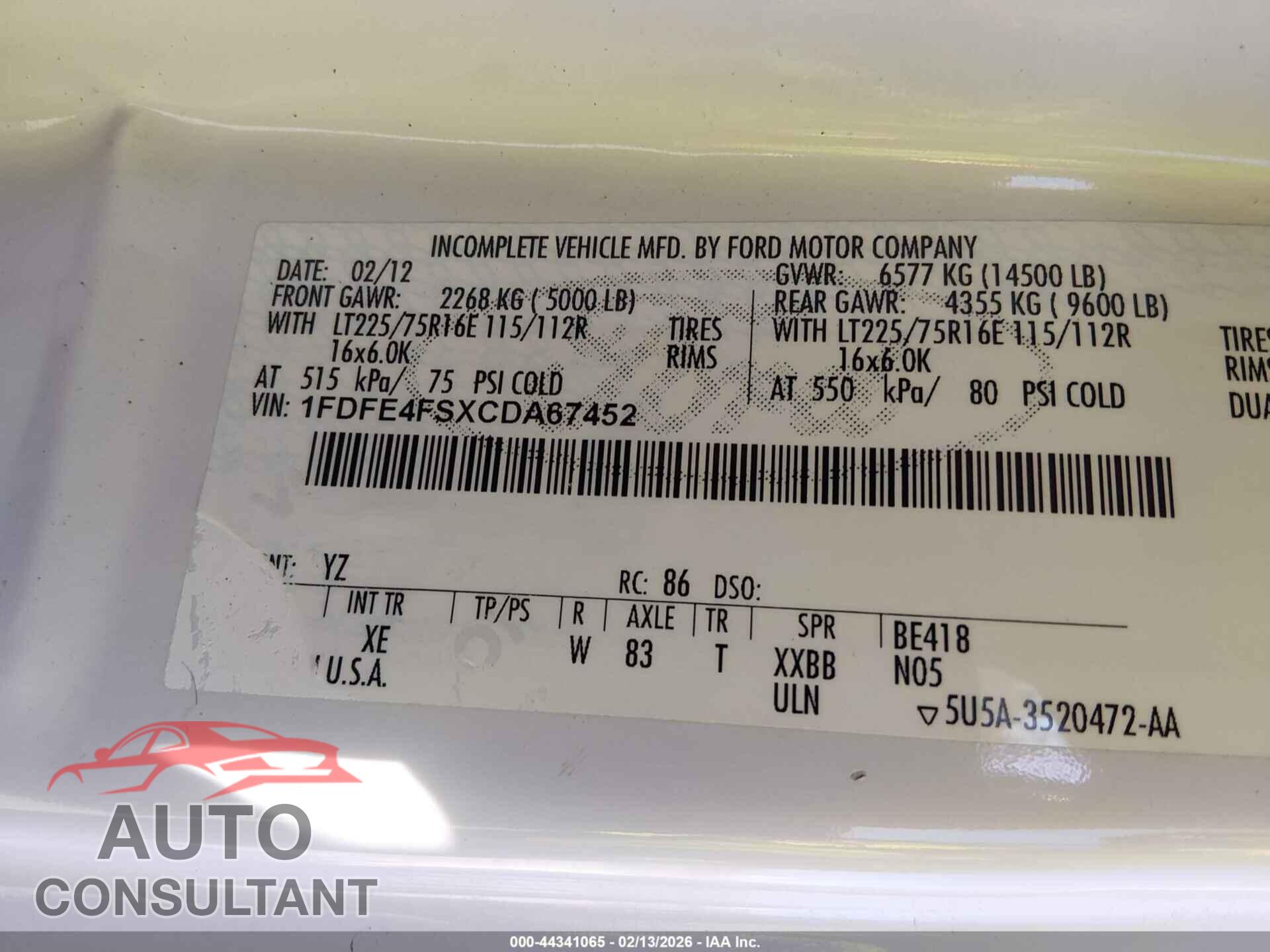 FORD E-450 CUTAWAY 2012 - 1FDFE4FSXCDA67452