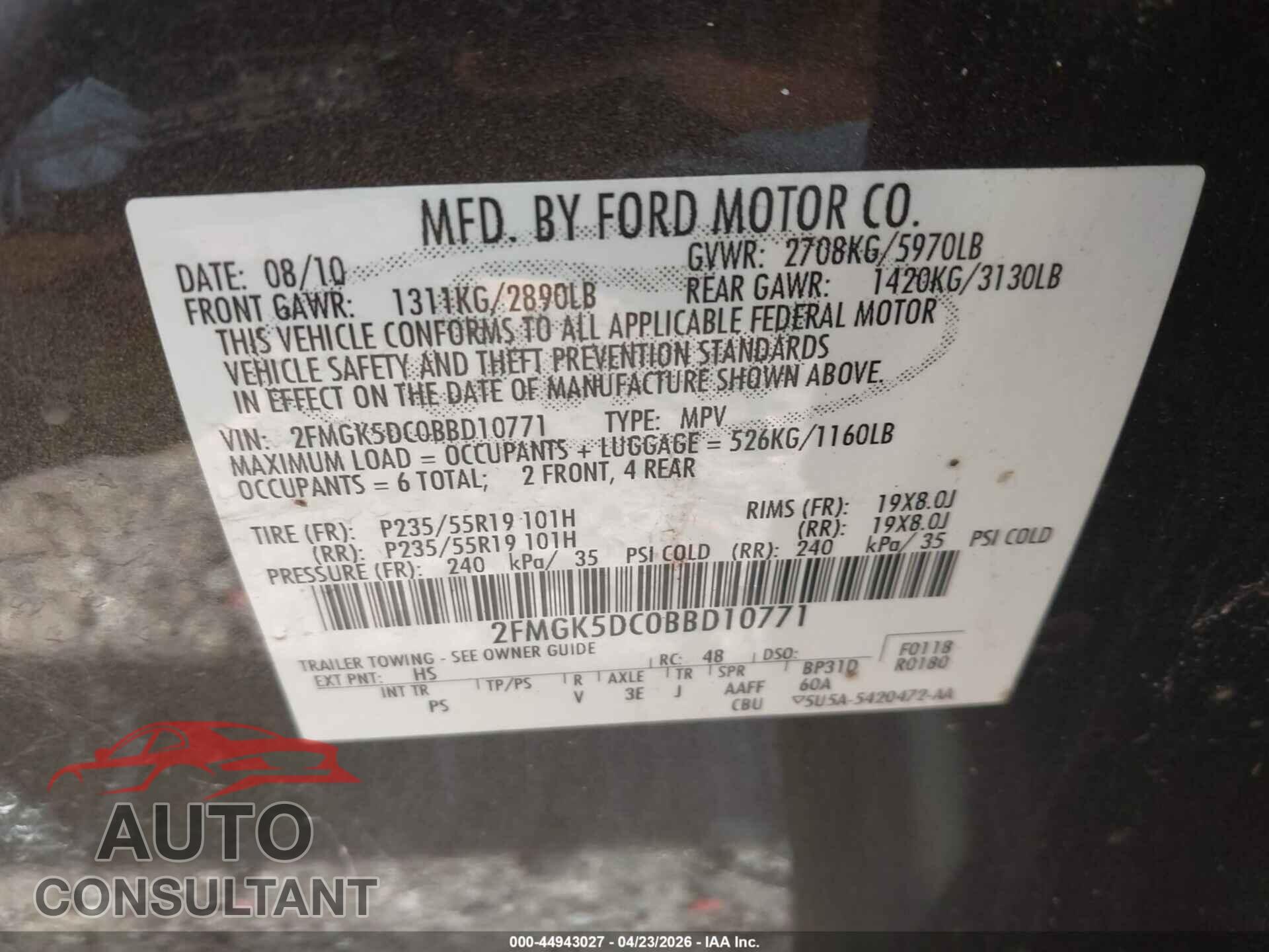 FORD FLEX 2011 - 2FMGK5DC0BBD10771