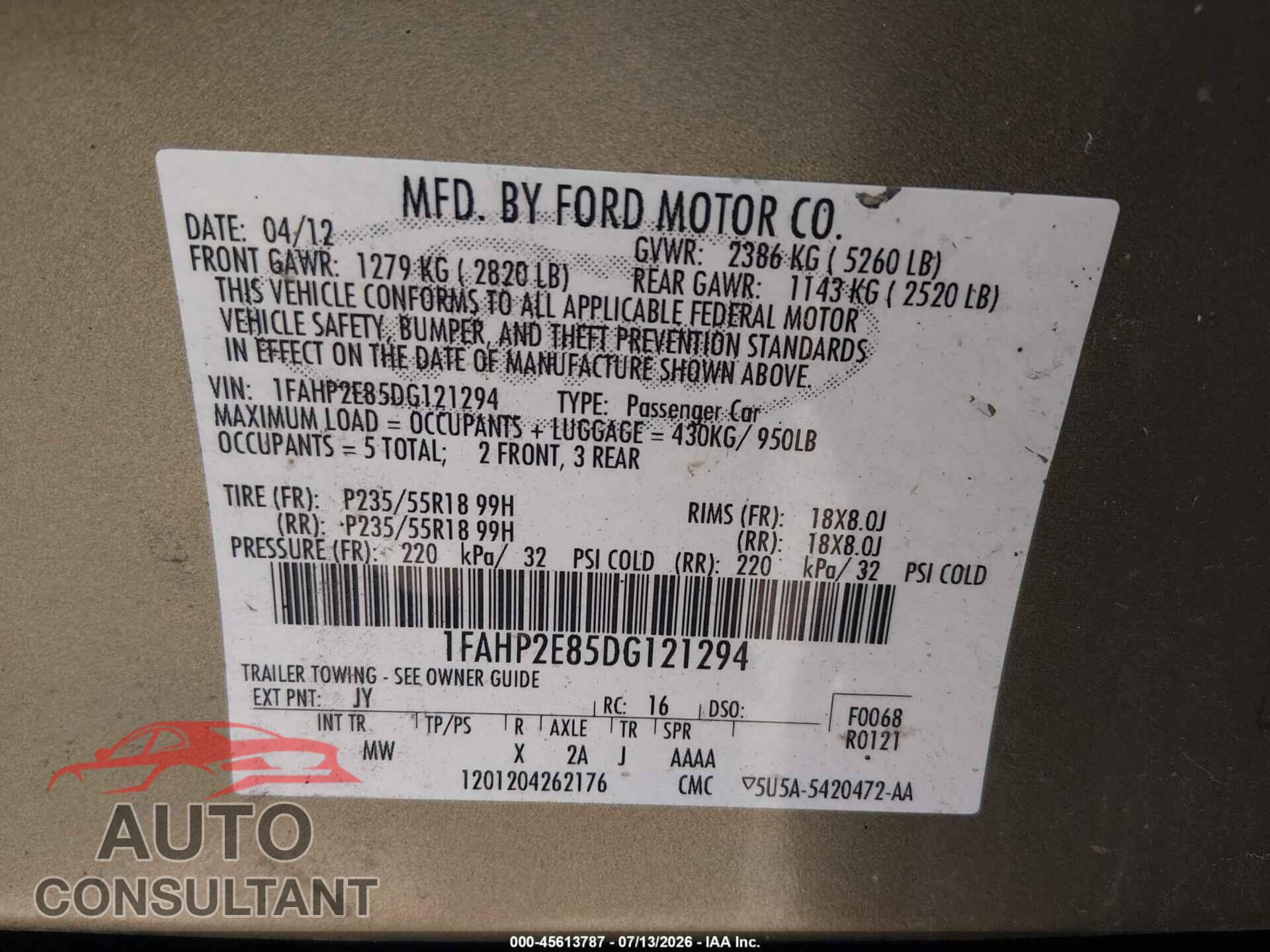 FORD TAURUS 2013 - 1FAHP2E85DG121294