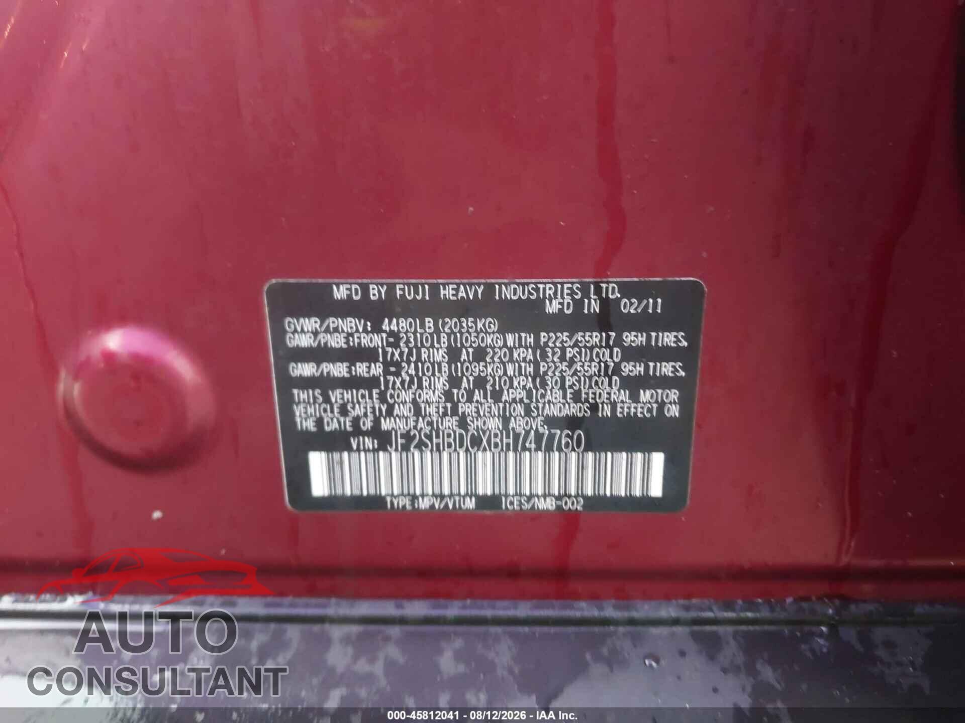 SUBARU FORESTER 2011 - JF2SHBDCXBH747760