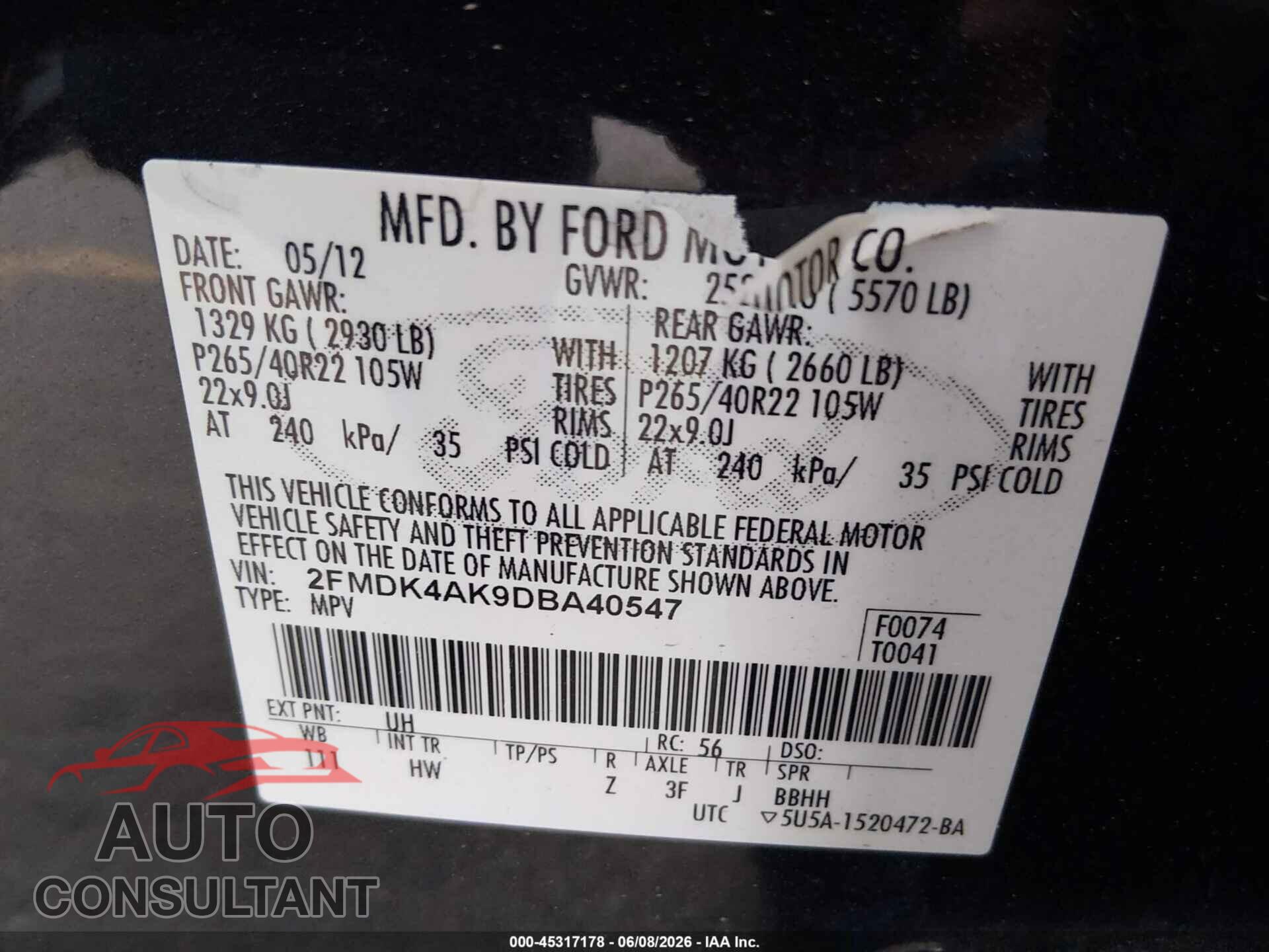 FORD EDGE 2013 - 2FMDK4AK9DBA40547