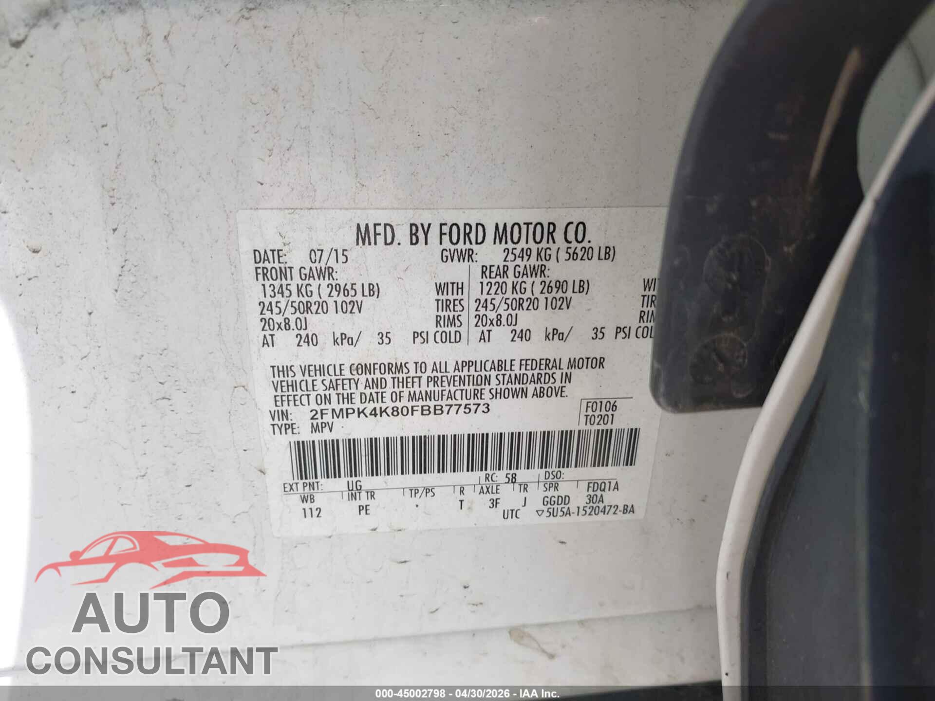FORD EDGE 2015 - 2FMPK4K80FBB77573