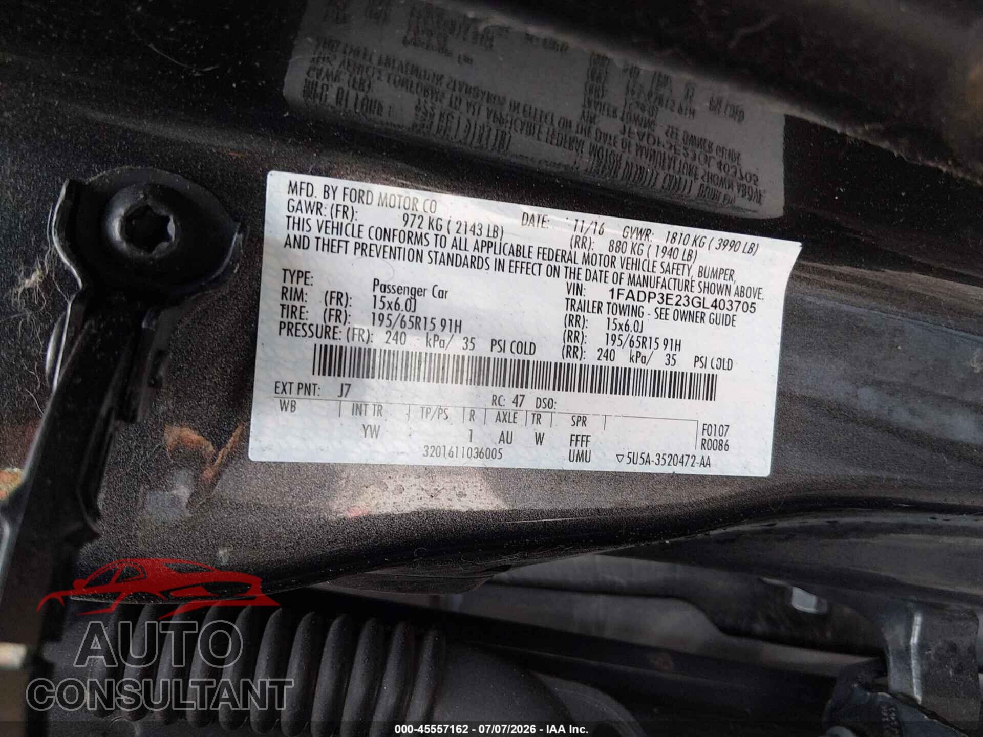 FORD FOCUS 2016 - 1FADP3E23GL403705