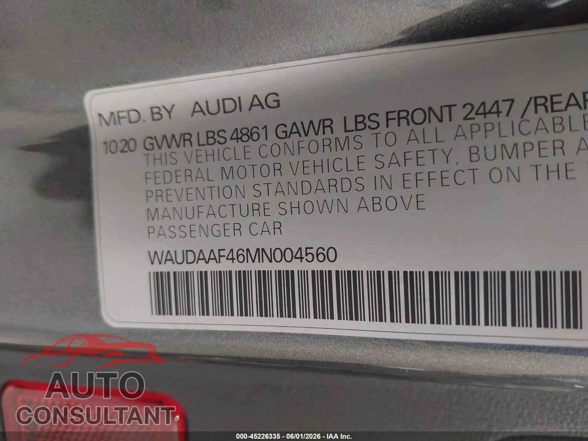AUDI A4 2021 - WAUDAAF46MN004560