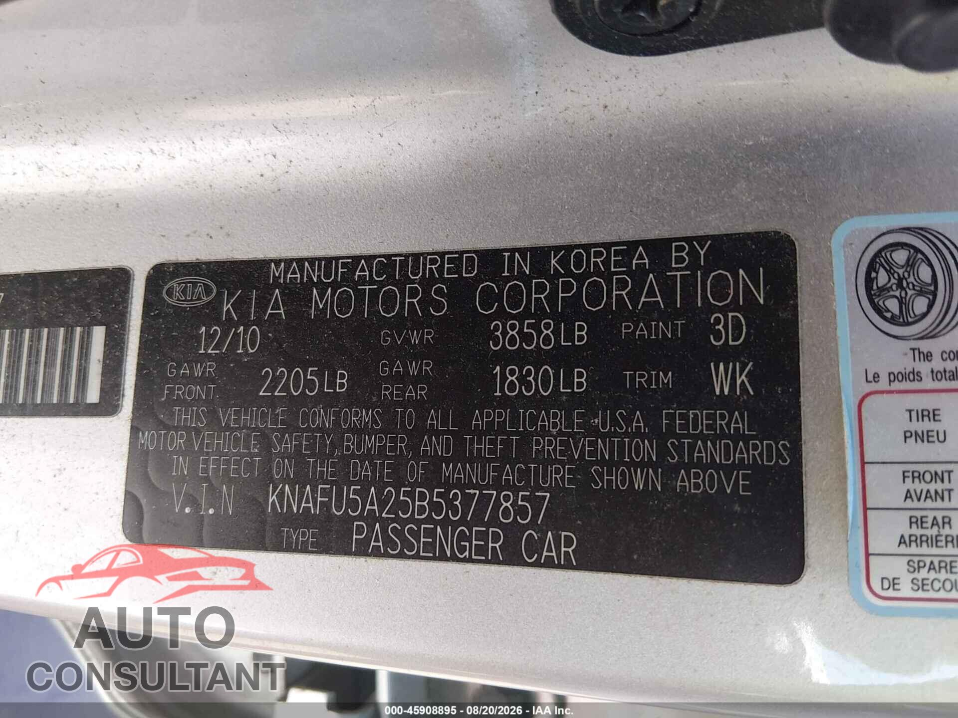 KIA FORTE 2011 - KNAFU5A25B5377857