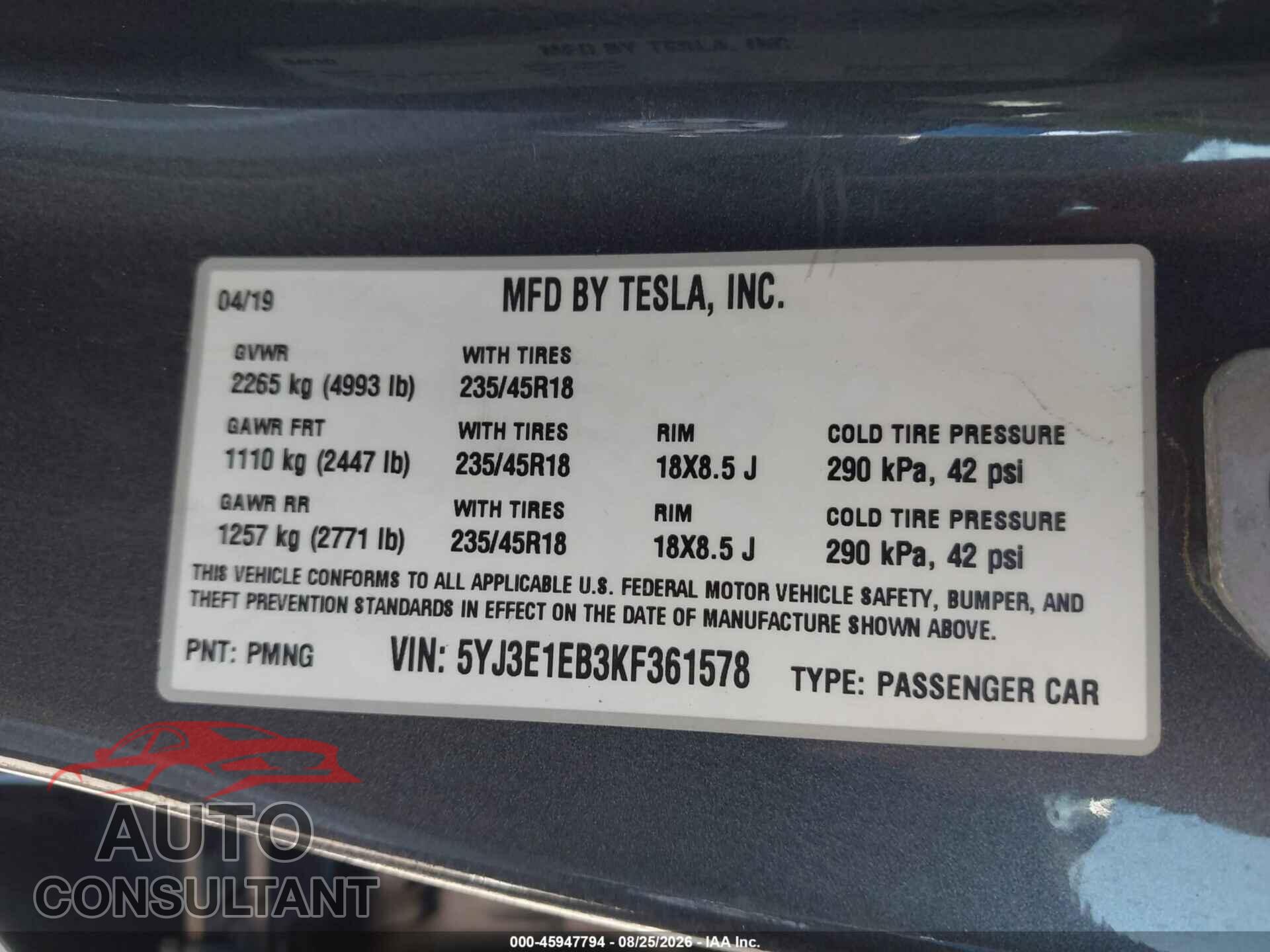 TESLA MODEL 3 2019 - 5YJ3E1EB3KF361578