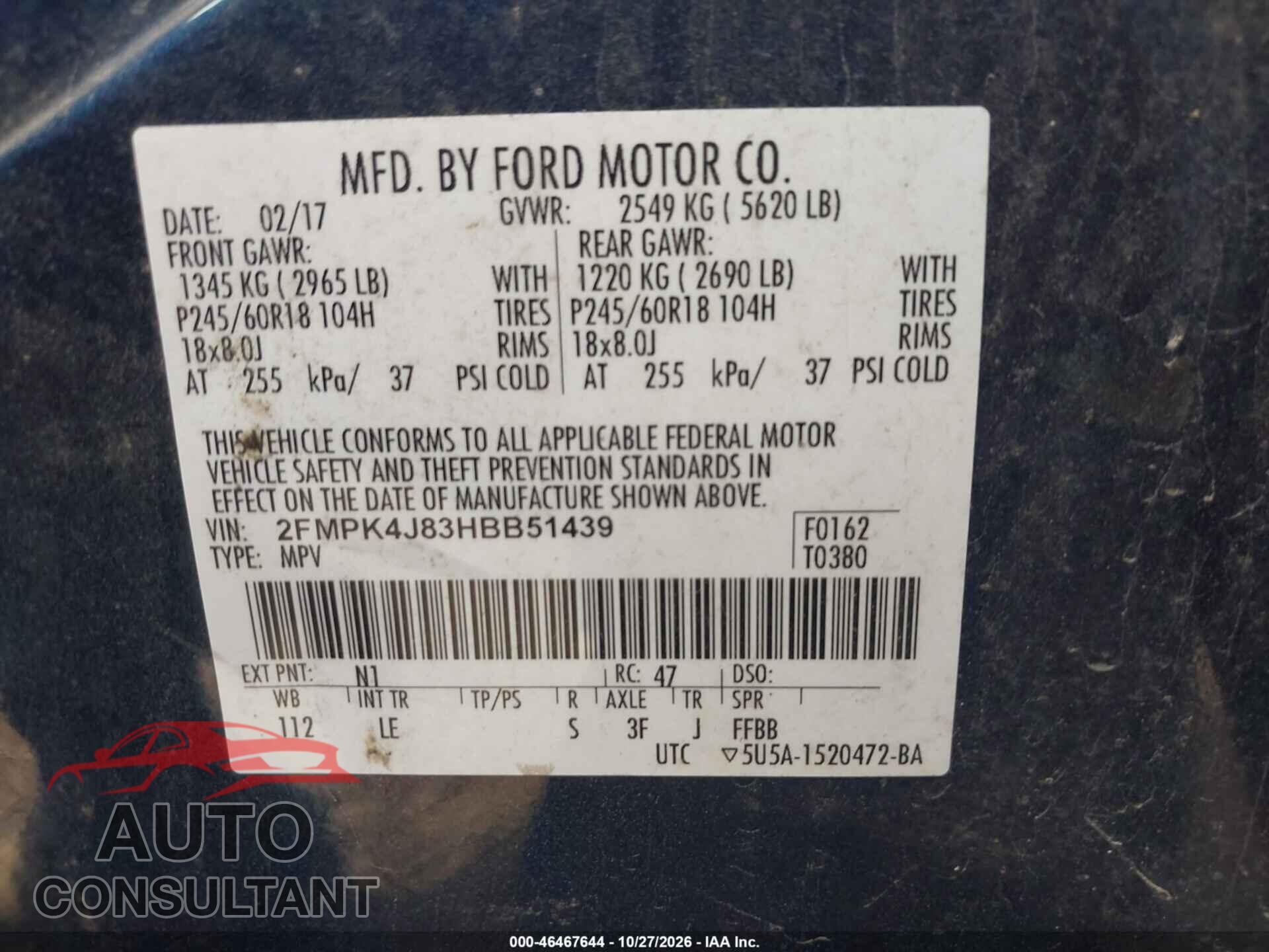 FORD EDGE 2017 - 2FMPK4J83HBB51439