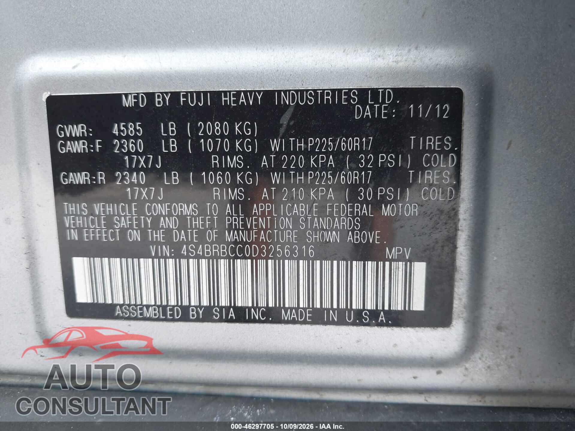SUBARU OUTBACK 2013 - 4S4BRBCC0D3256316