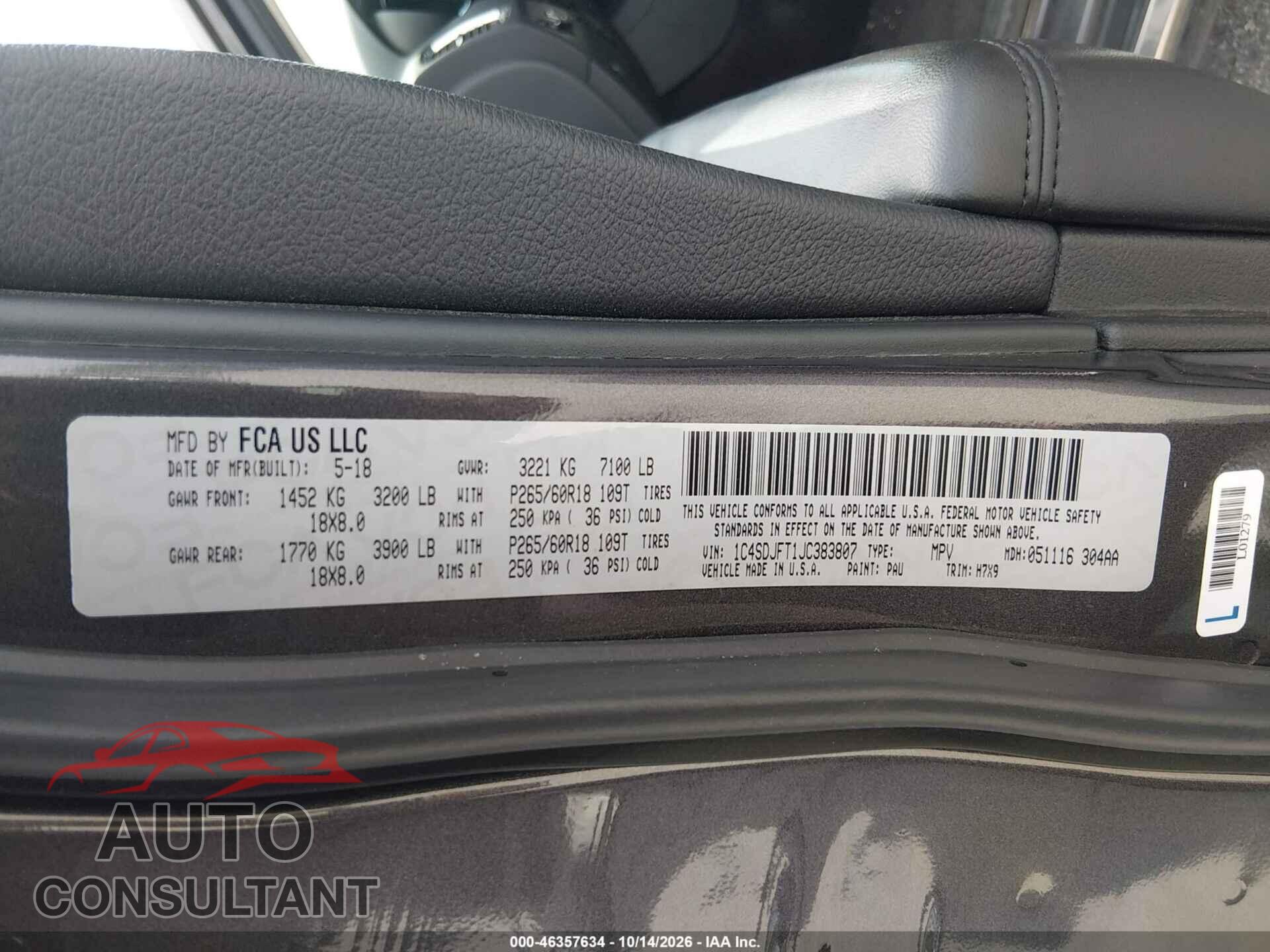 DODGE DURANGO 2018 - 1C4SDJFT1JC383807