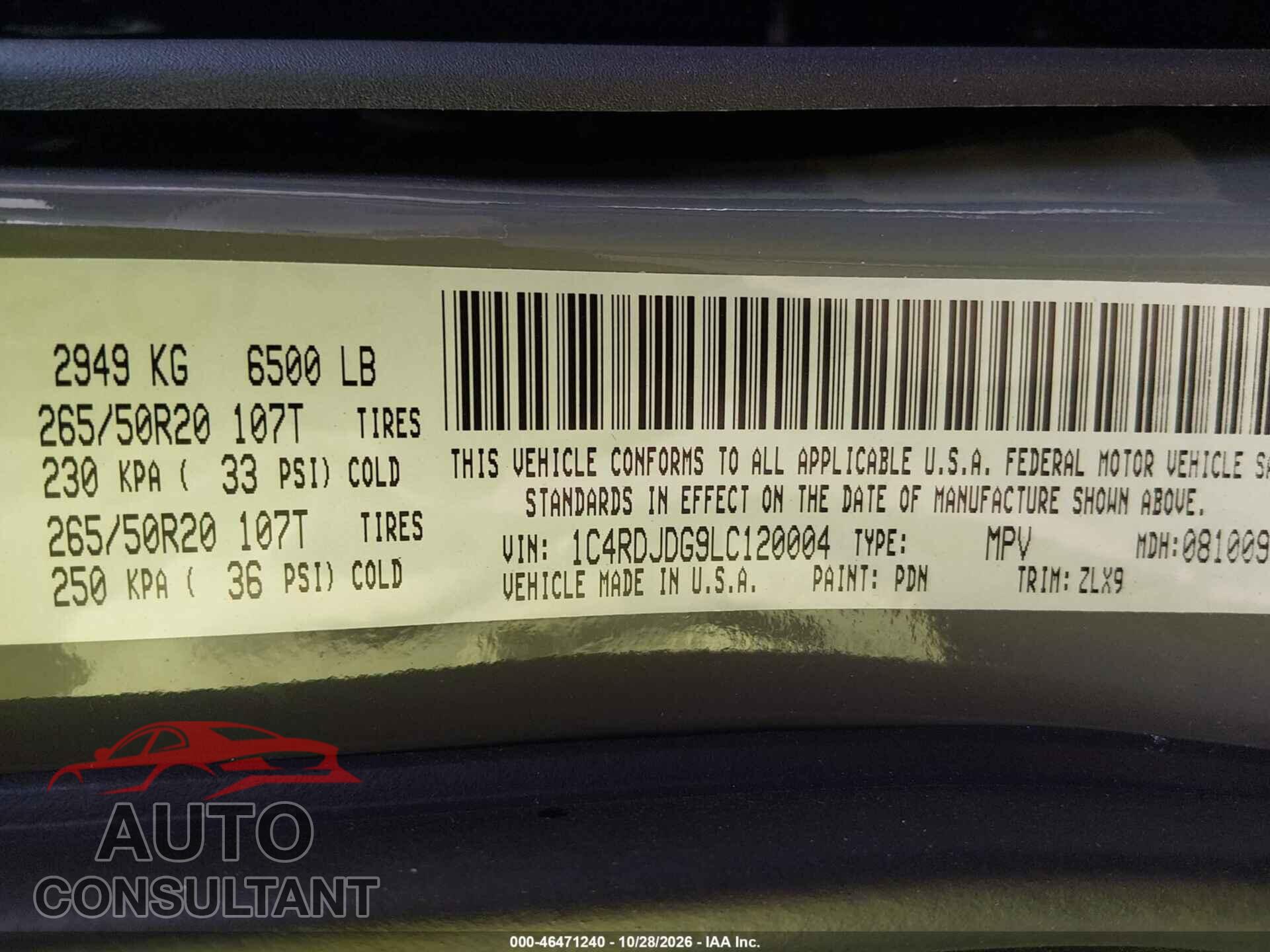 DODGE DURANGO 2020 - 1C4RDJDG9LC120004