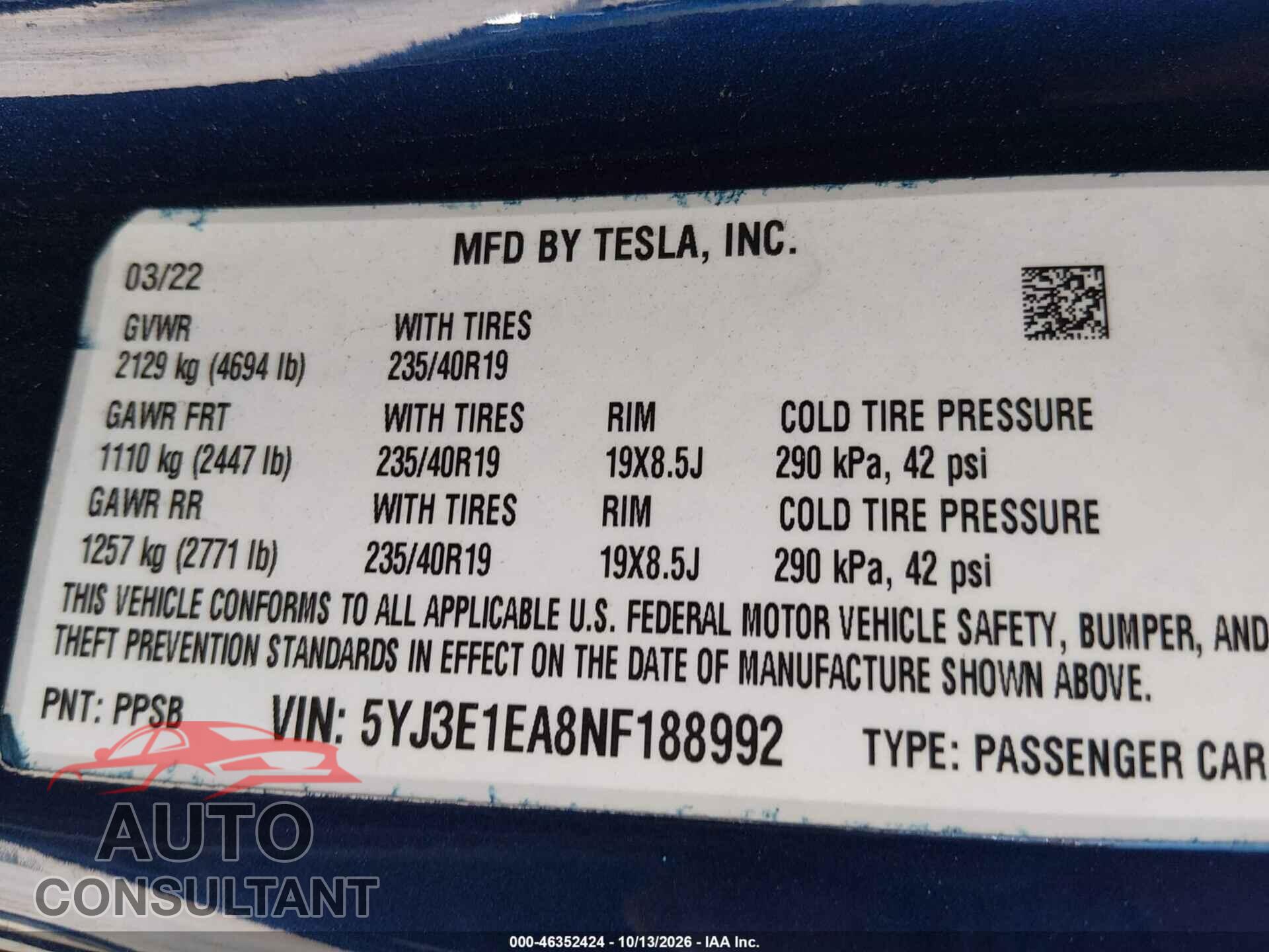 TESLA MODEL 3 2022 - 5YJ3E1EA8NF188992
