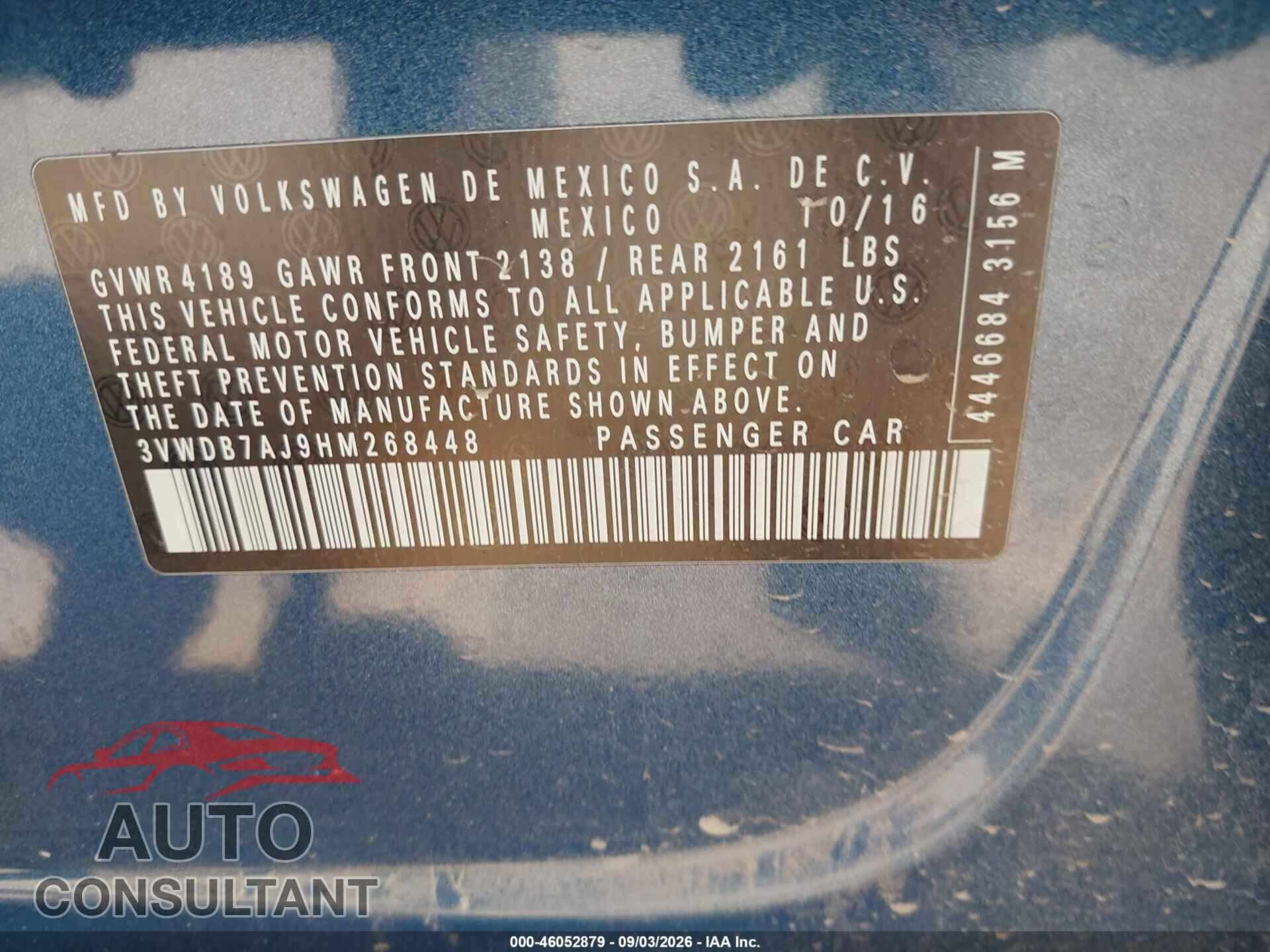 VOLKSWAGEN JETTA 2017 - 3VWDB7AJ9HM268448