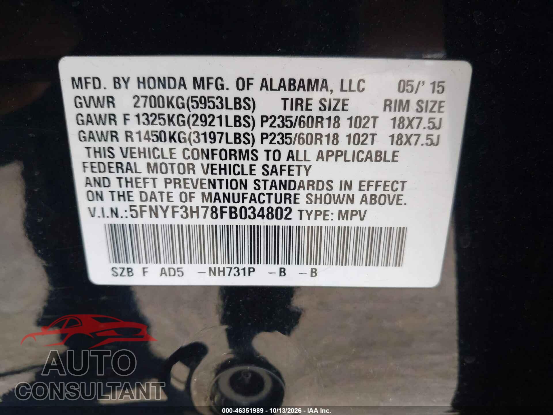 HONDA PILOT 2015 - 5FNYF3H78FB034802
