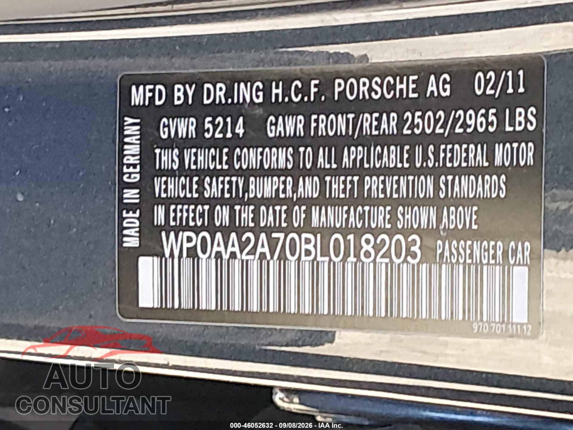 PORSCHE PANAMERA 2011 - WP0AA2A70BL018203