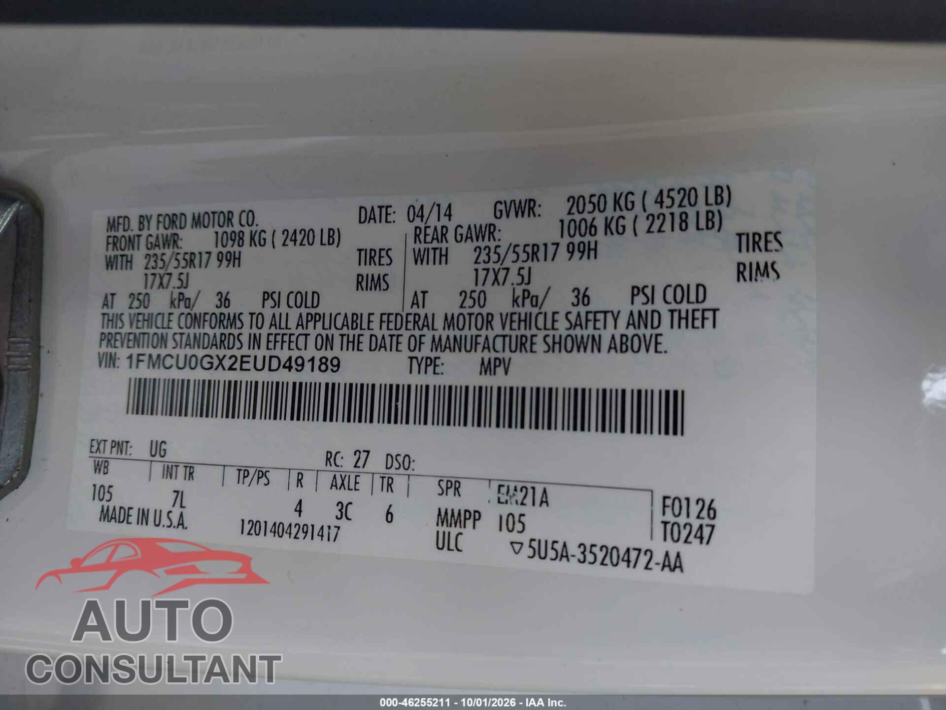 FORD ESCAPE 2014 - 1FMCU0GX2EUD49189