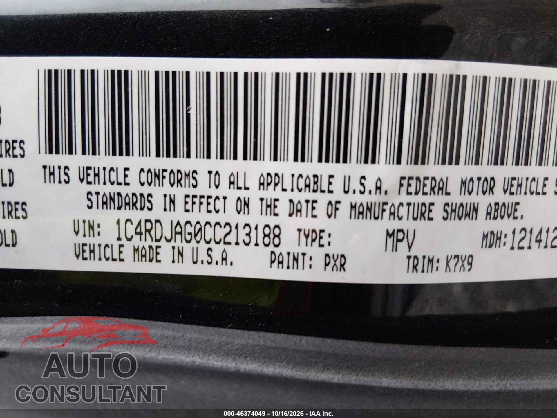 DODGE DURANGO 2012 - 1C4RDJAG0CC213188
