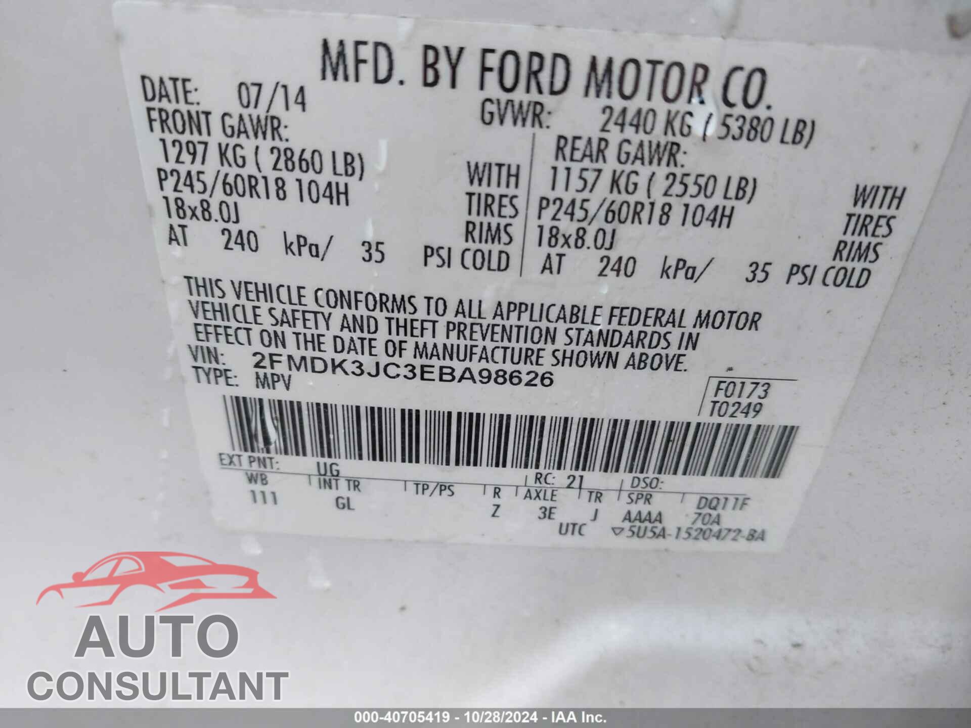 FORD EDGE 2014 - 2FMDK3JC3EBA98626