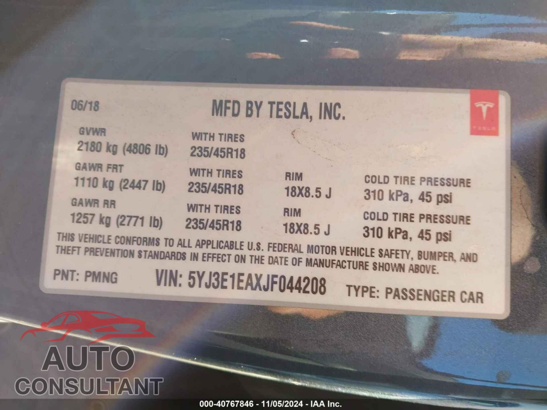 TESLA MODEL 3 2018 - 5YJ3E1EAXJF044208