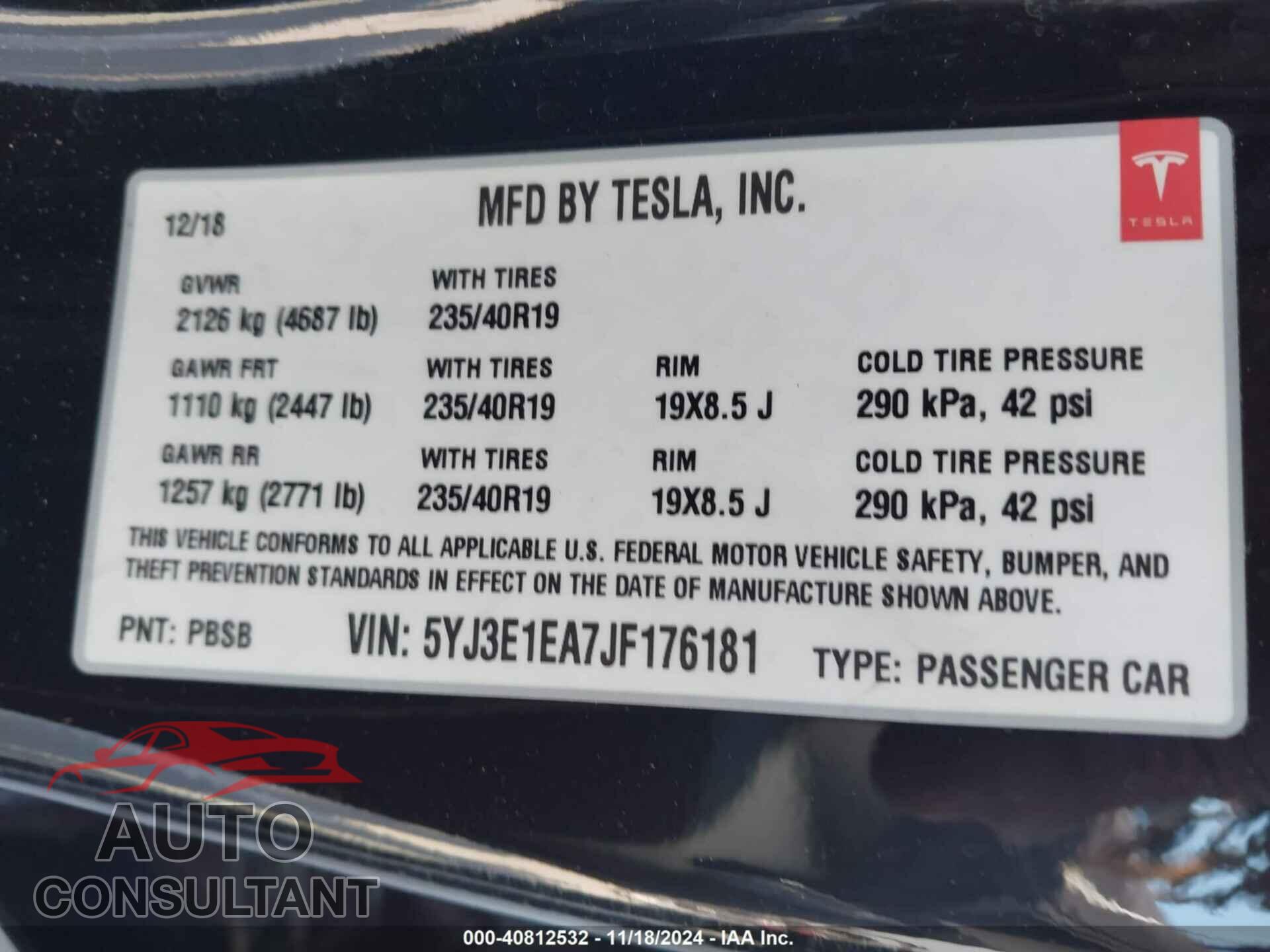 TESLA MODEL 3 2018 - 5YJ3E1EA7JF176181