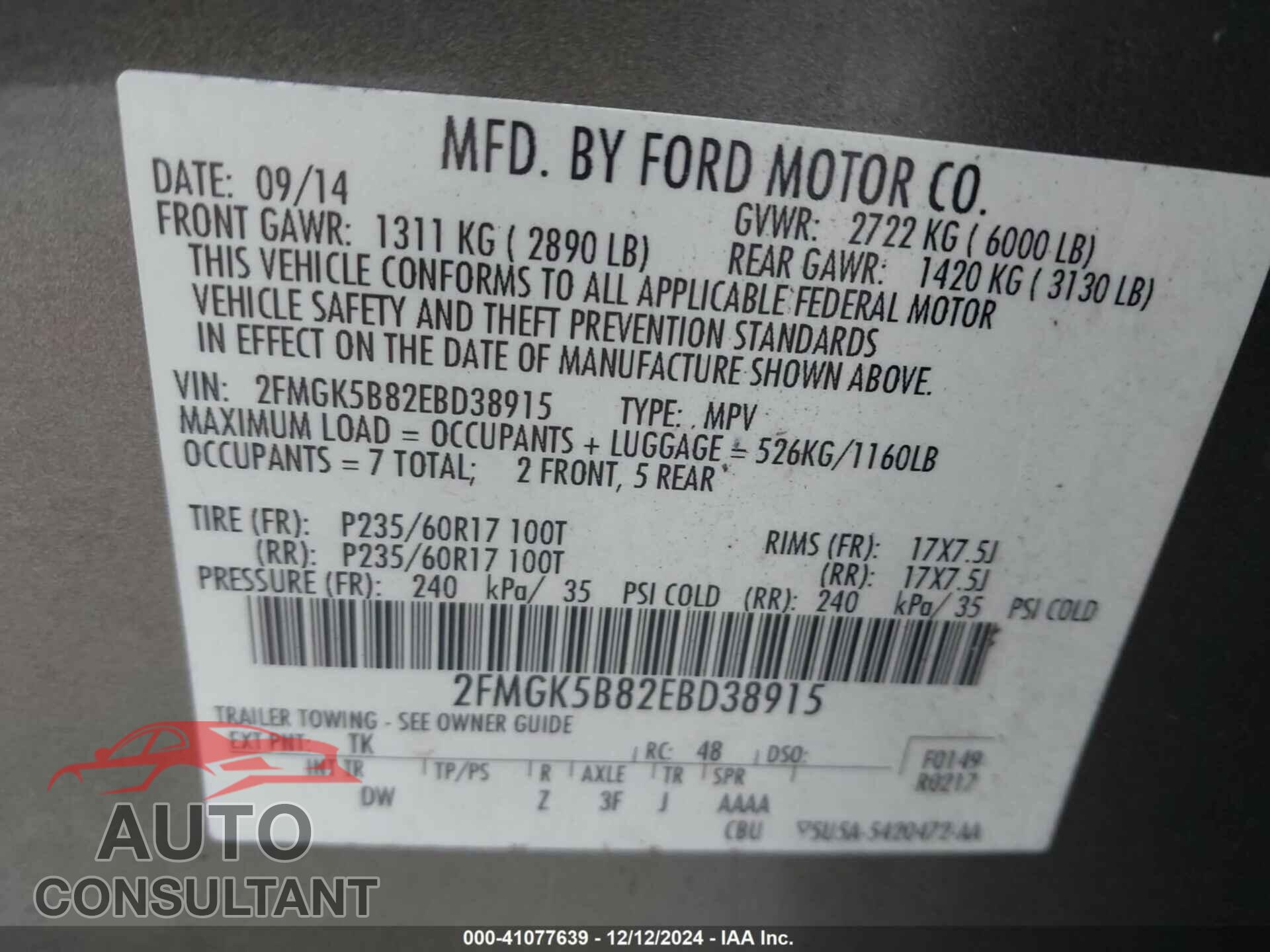 FORD FLEX 2014 - 2FMGK5B82EBD38915