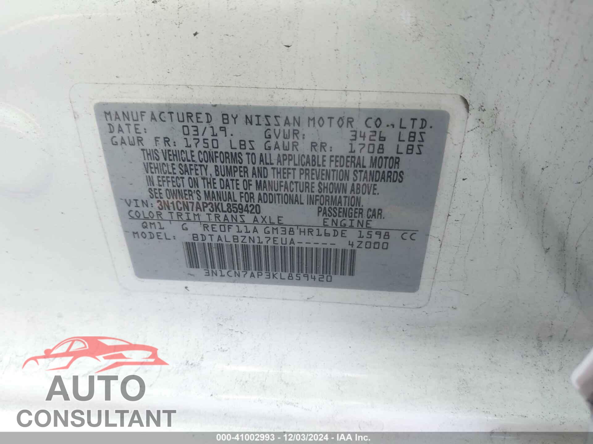 NISSAN VERSA 2019 - 3N1CN7AP3KL859420